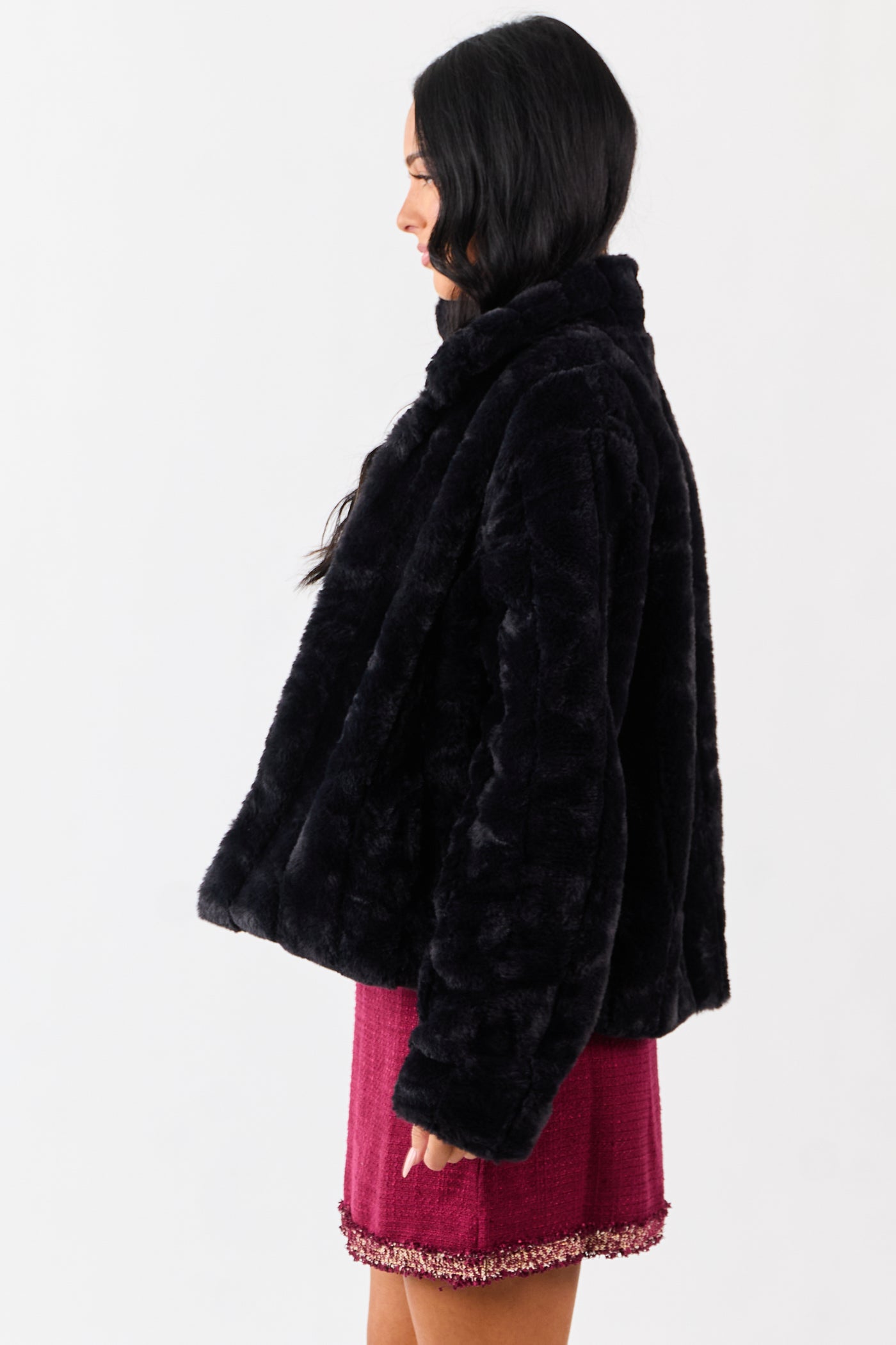 Black Soft Faux Fur Hook Closure Collared Jacket