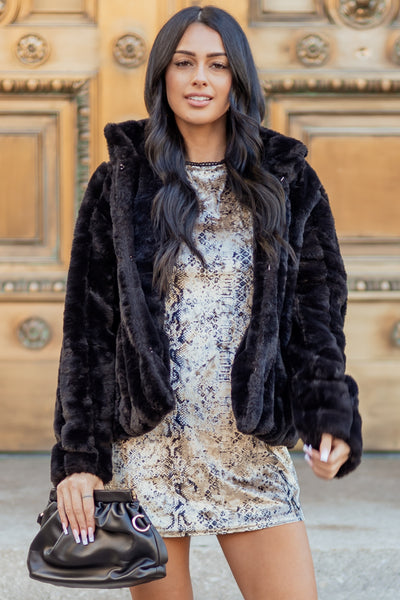 Black Soft Faux Fur Hook Closure Collared Jacket | Lime Lush Boutique