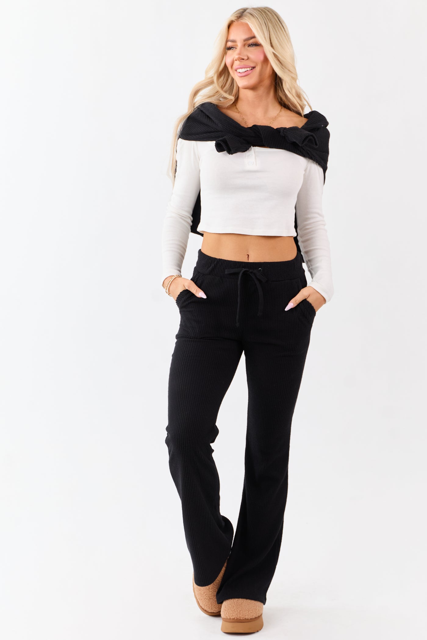 Black Soft Knit Drawstring Flare Pants