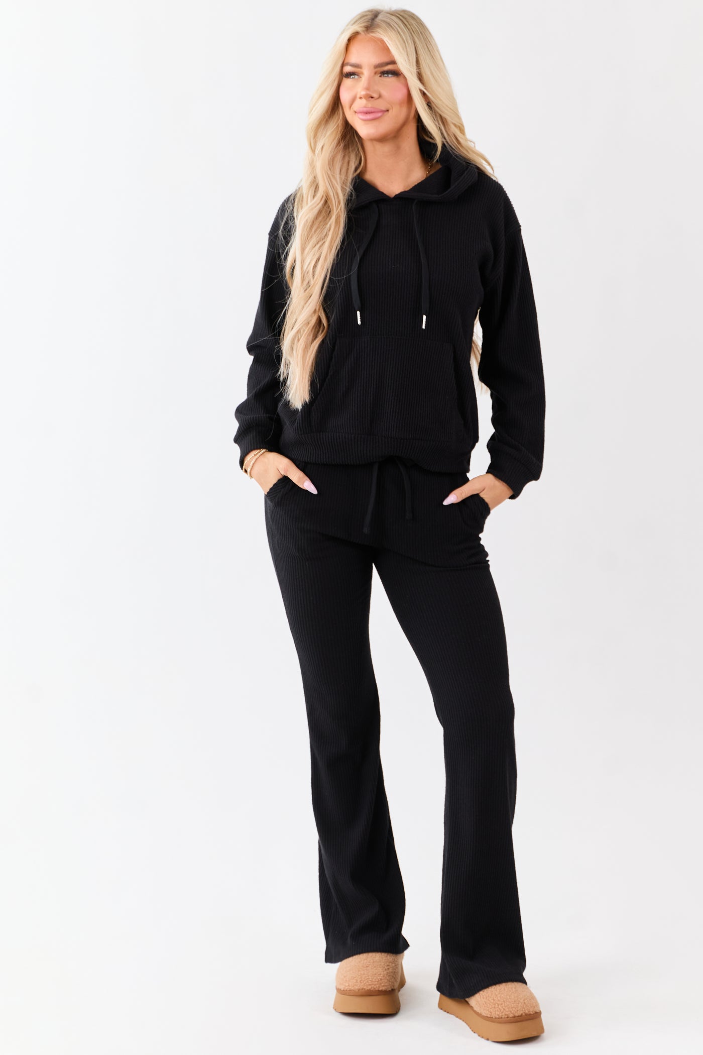 Black Soft Knit Drawstring Flare Pants