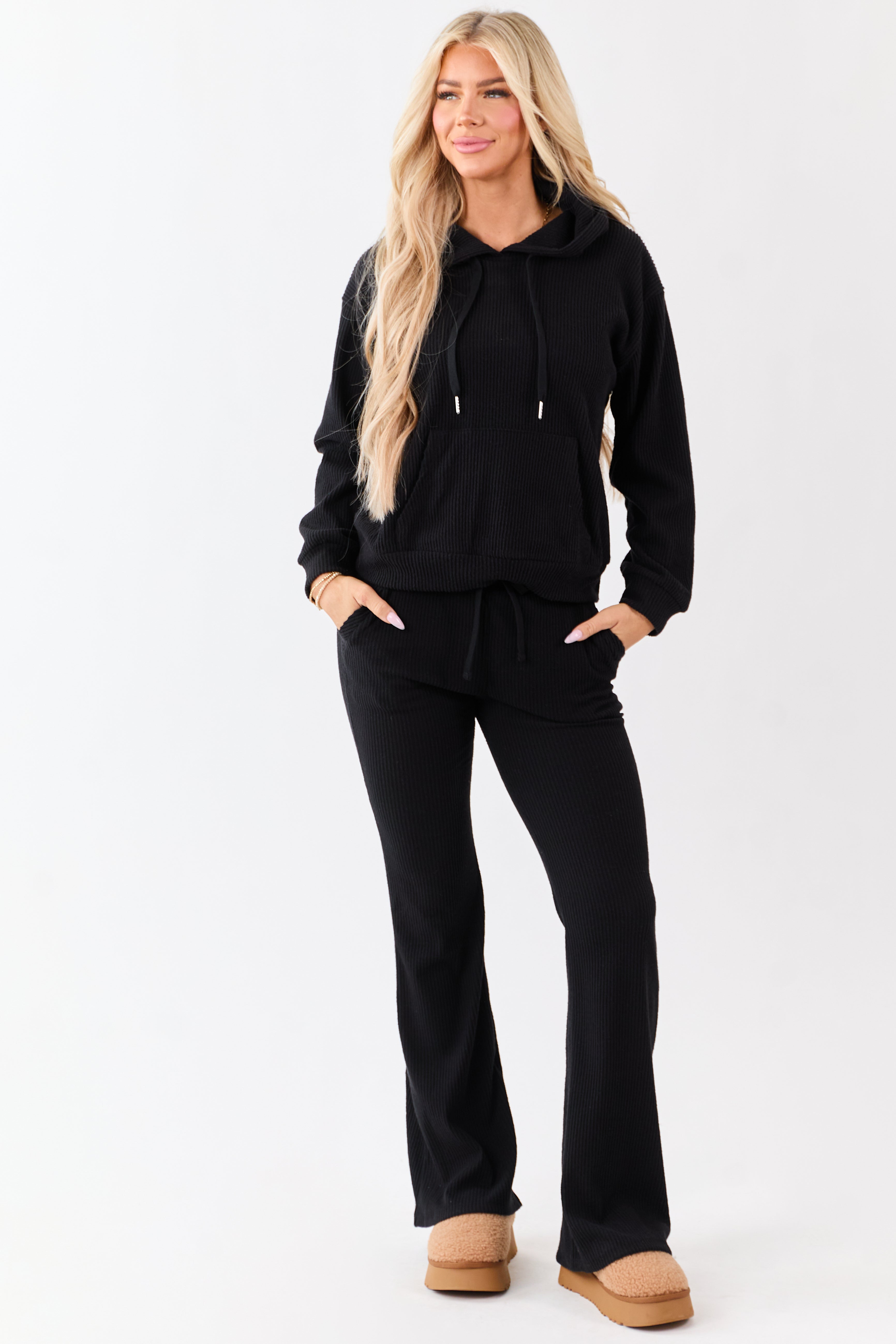 Black Soft Knit Drawstring Flare Pants