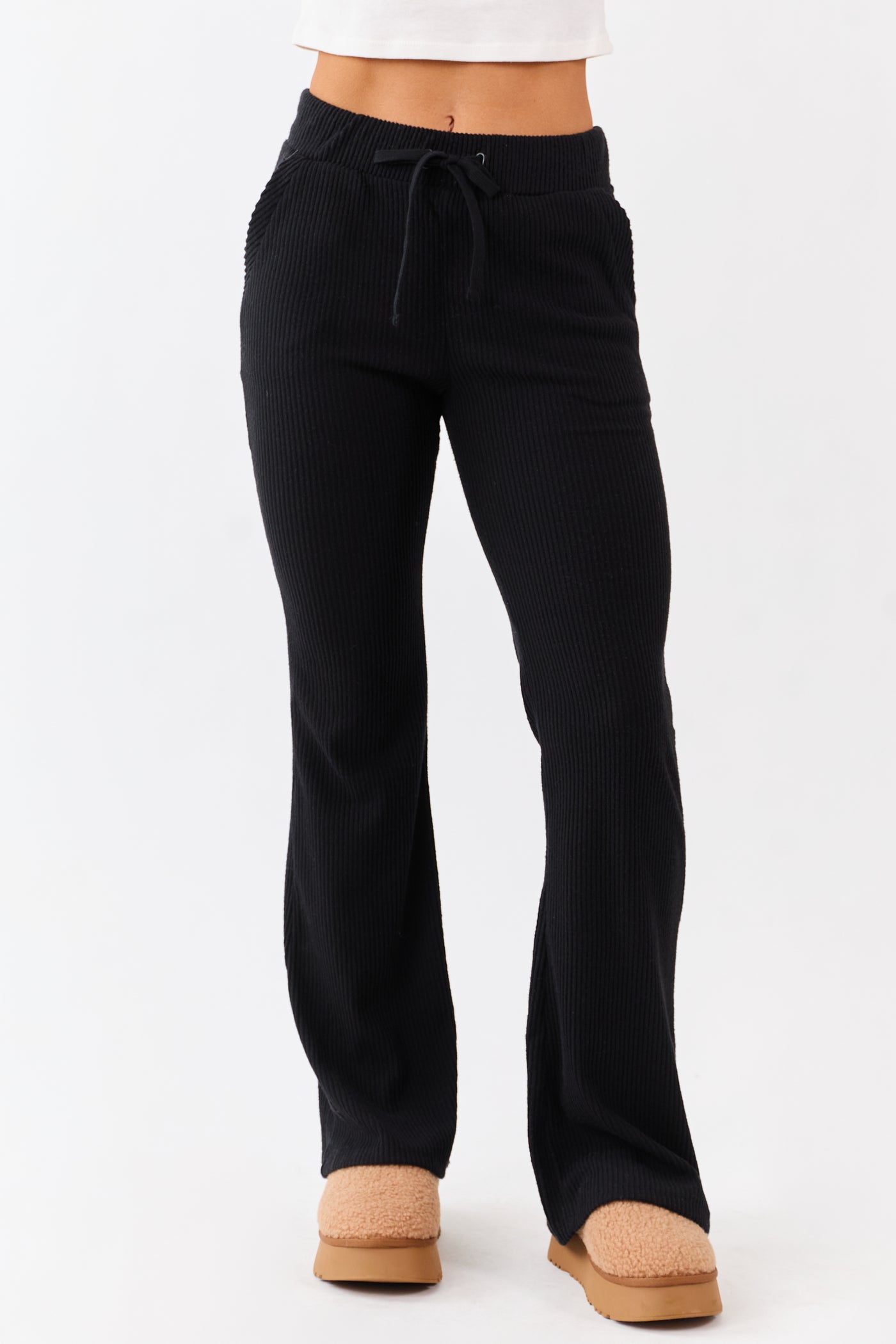 Black Soft Knit Drawstring Flare Pants