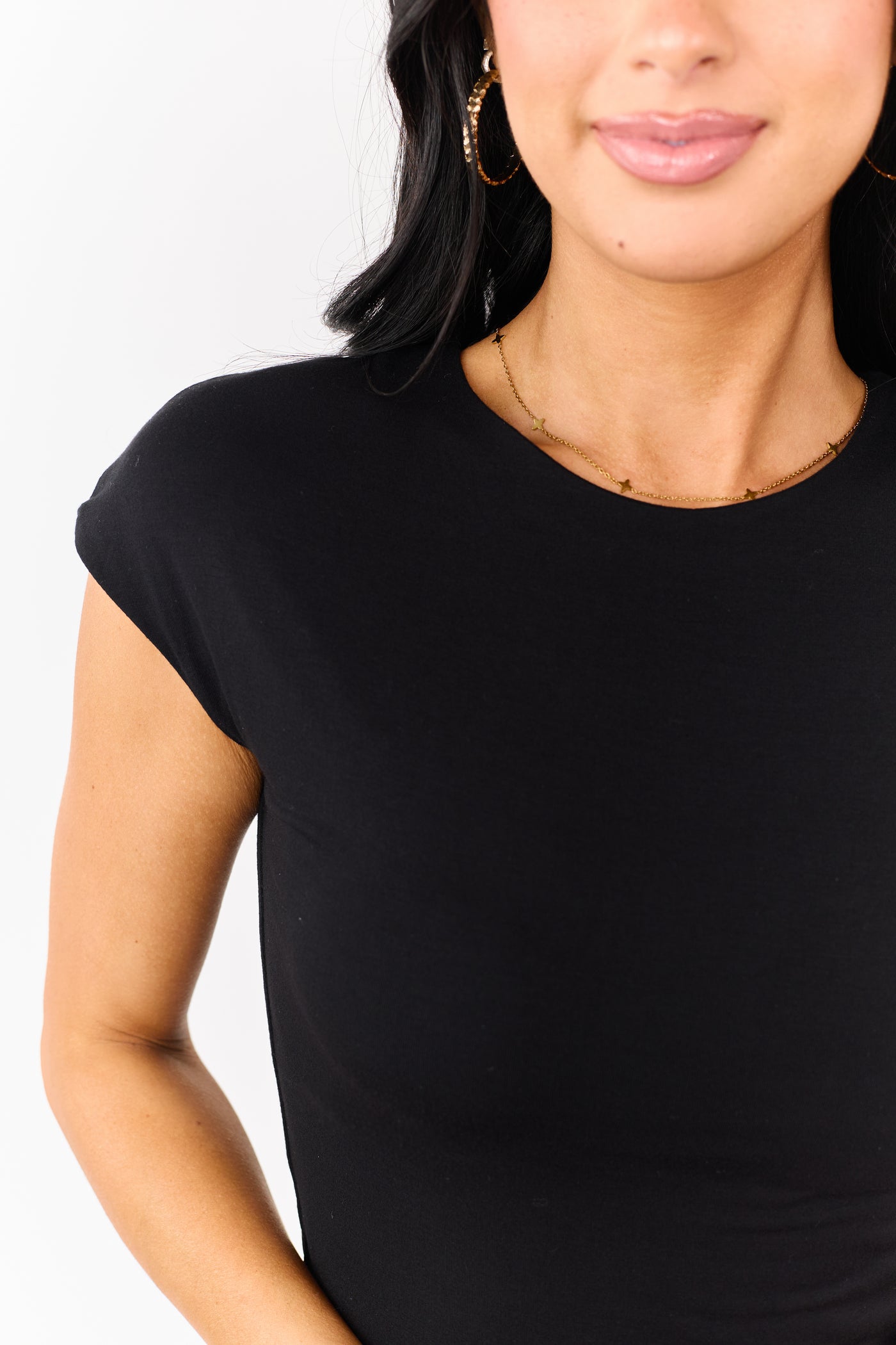 Black Soft Knit Round Neck Cap Sleeve Top