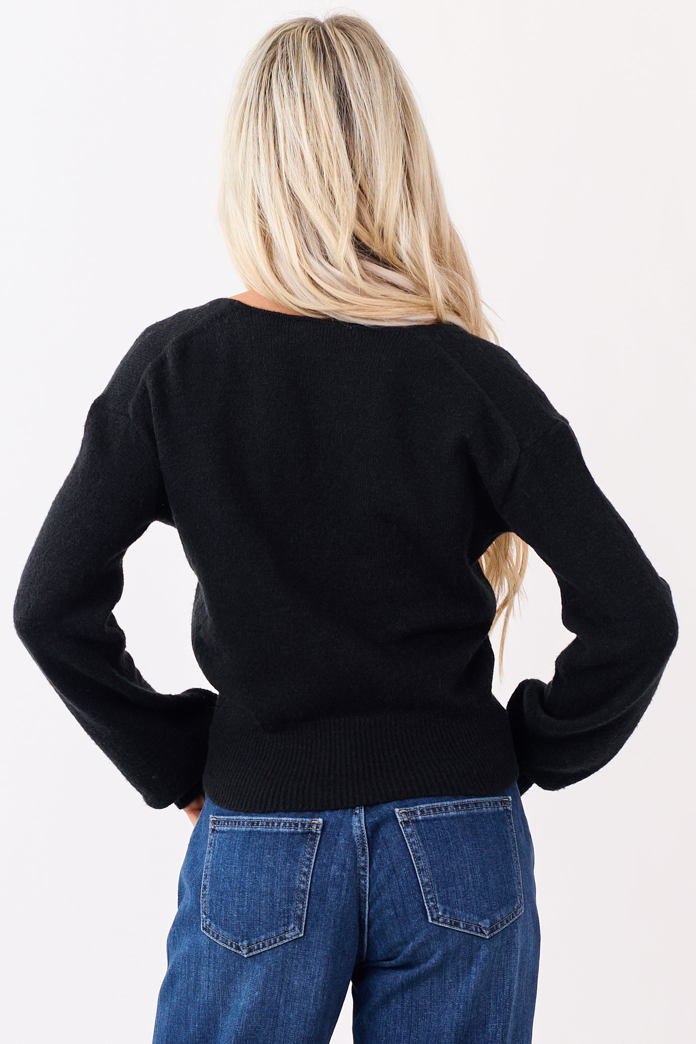 Black Soft Knit Surplice V-Neck Rib Trim Sweater