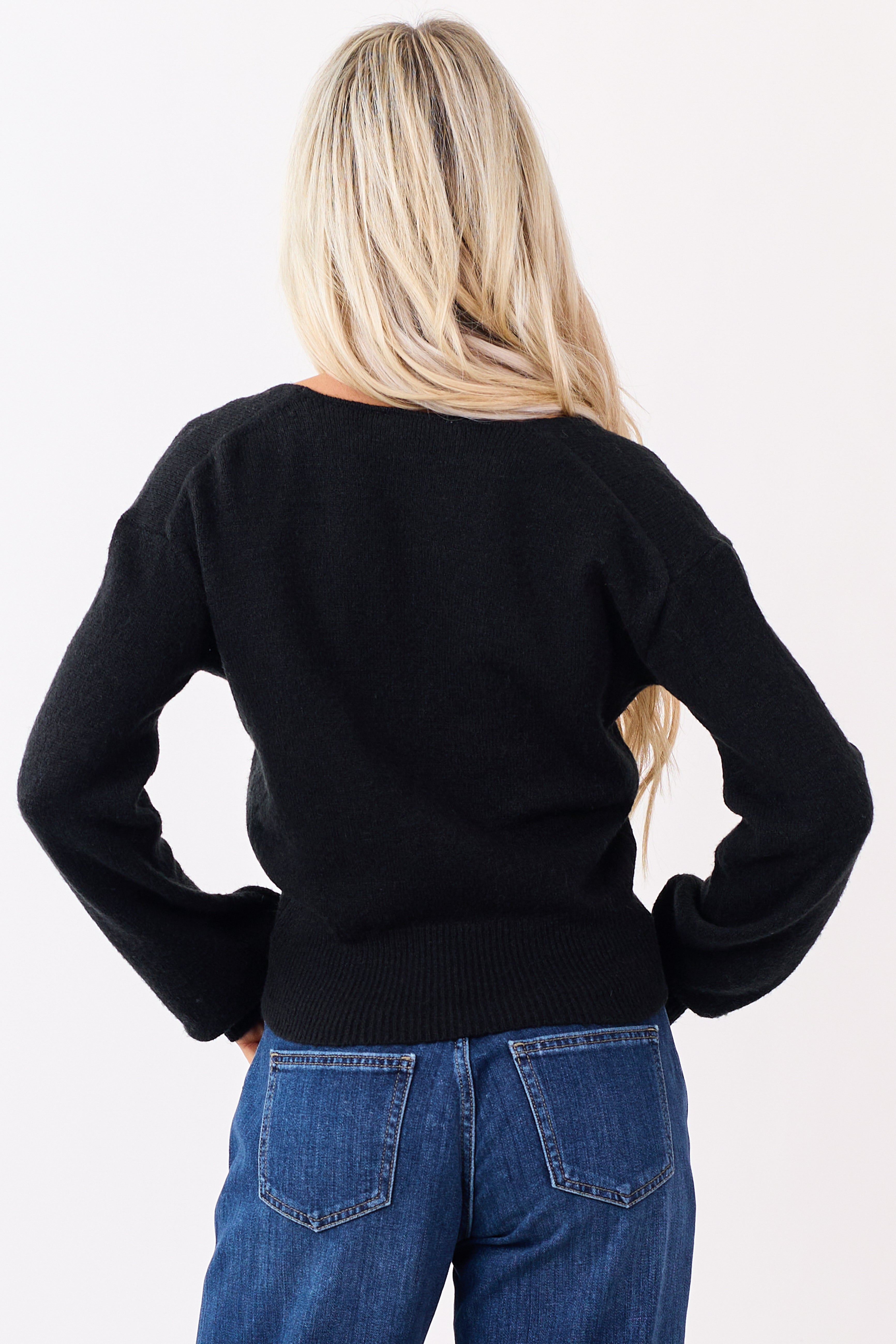 Black Soft Knit Surplice V-Neck Rib Trim Sweater