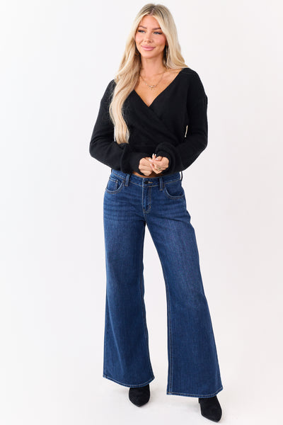 Black Soft Knit Surplice V-Neck Rib Trim Sweater