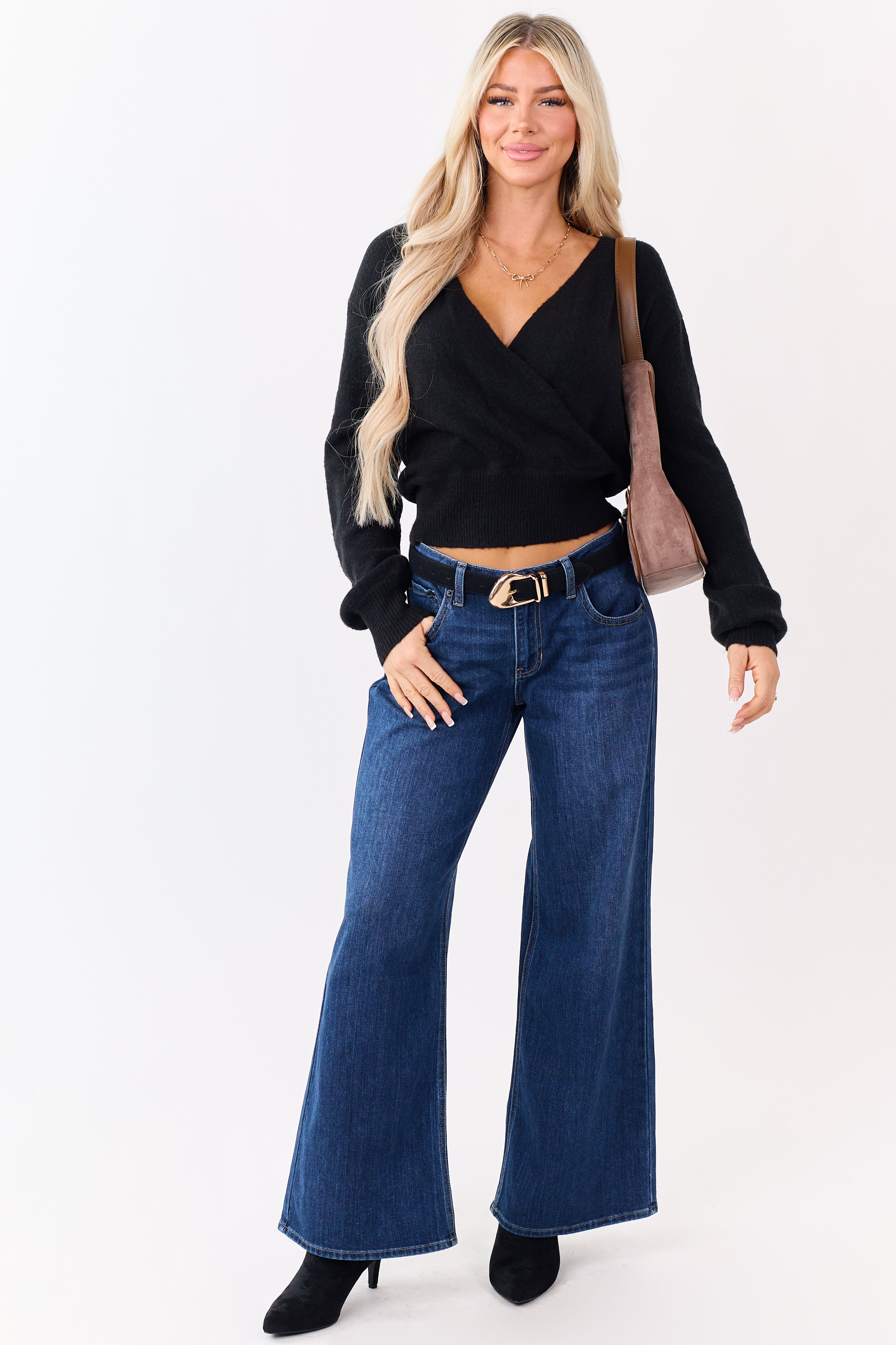 Black Soft Knit Surplice V-Neck Rib Trim Sweater