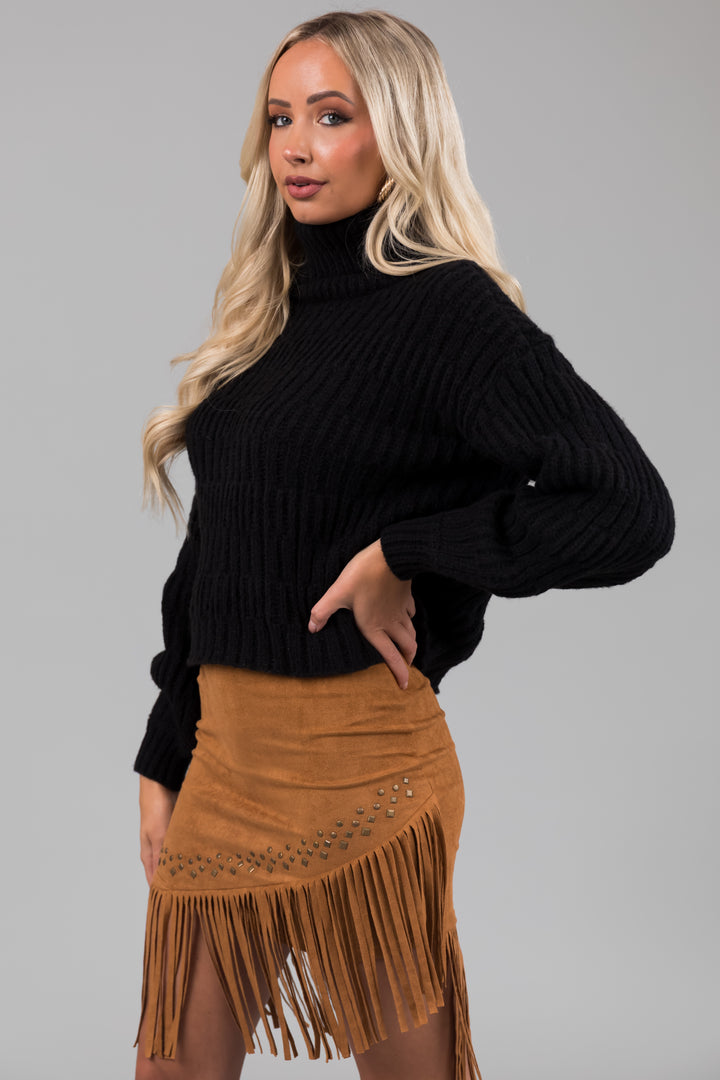 Black Soft Knit Textured Turtleneck Sweater