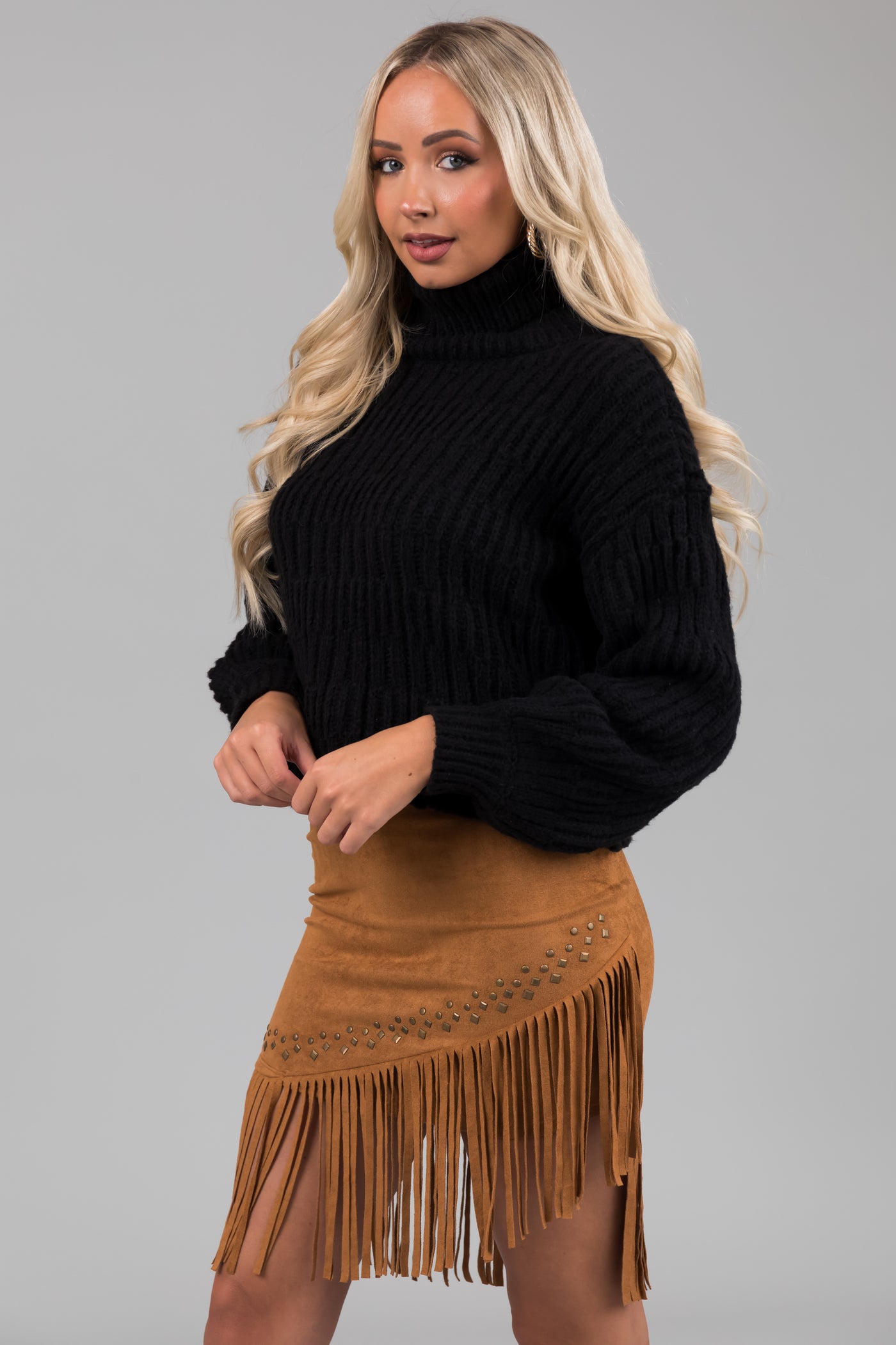 Black Soft Knit Textured Turtleneck Sweater