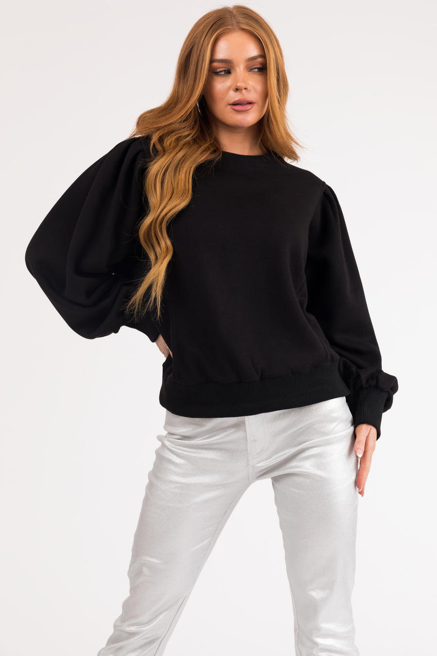 Black Soft Pullover with Balloon Sleeves