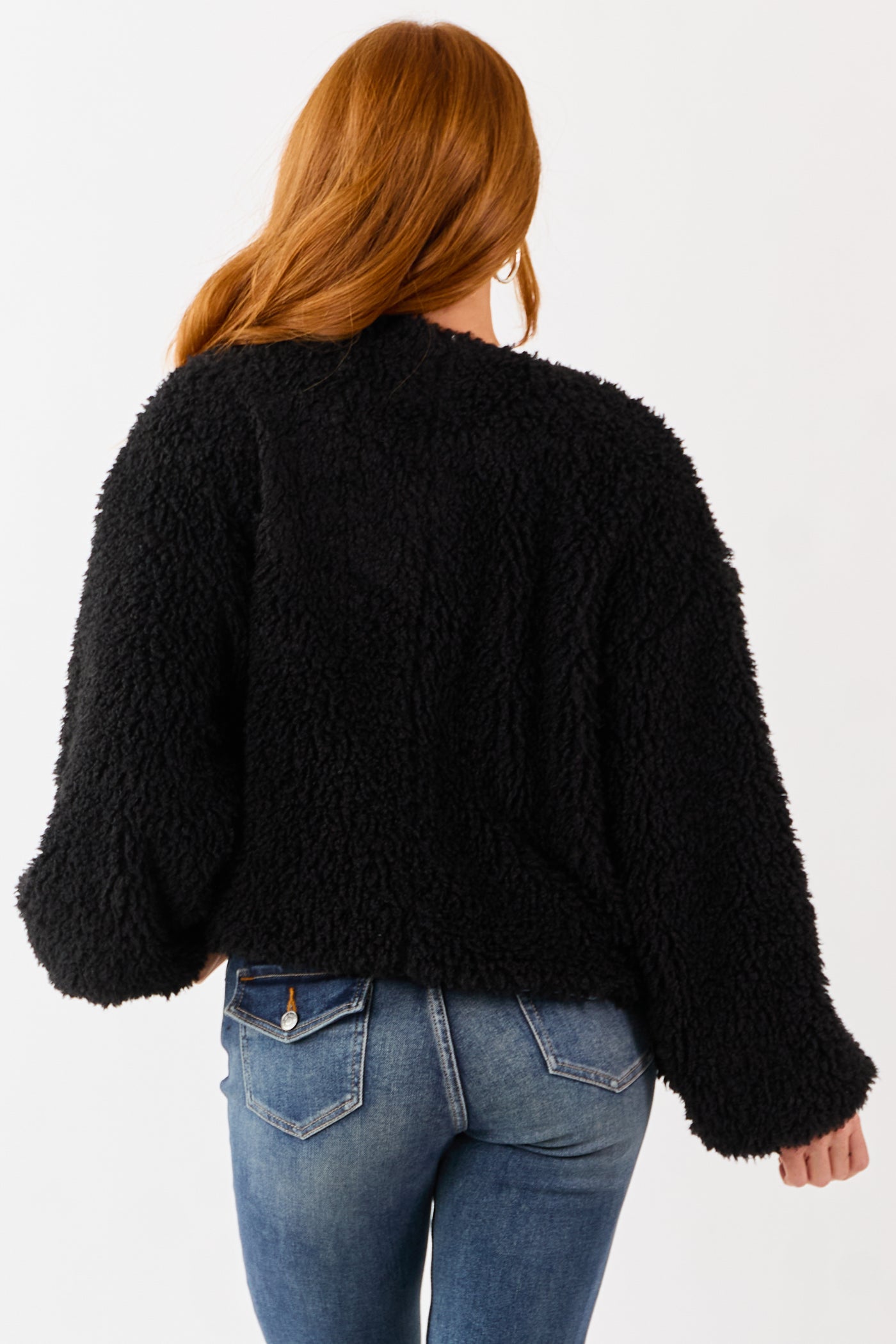 Black Soft Sherpa Snap Button Up Relaxed Jacket