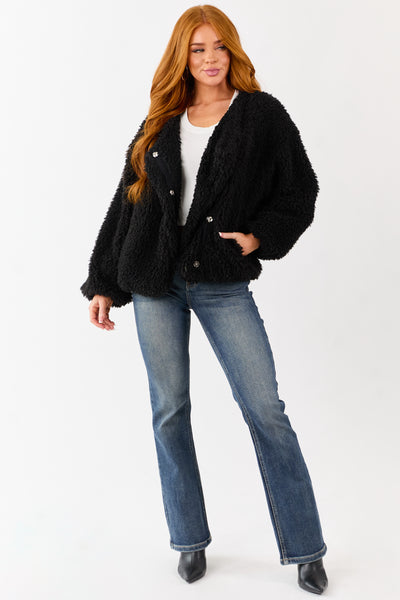 Black Soft Sherpa Snap Button Up Relaxed Jacket