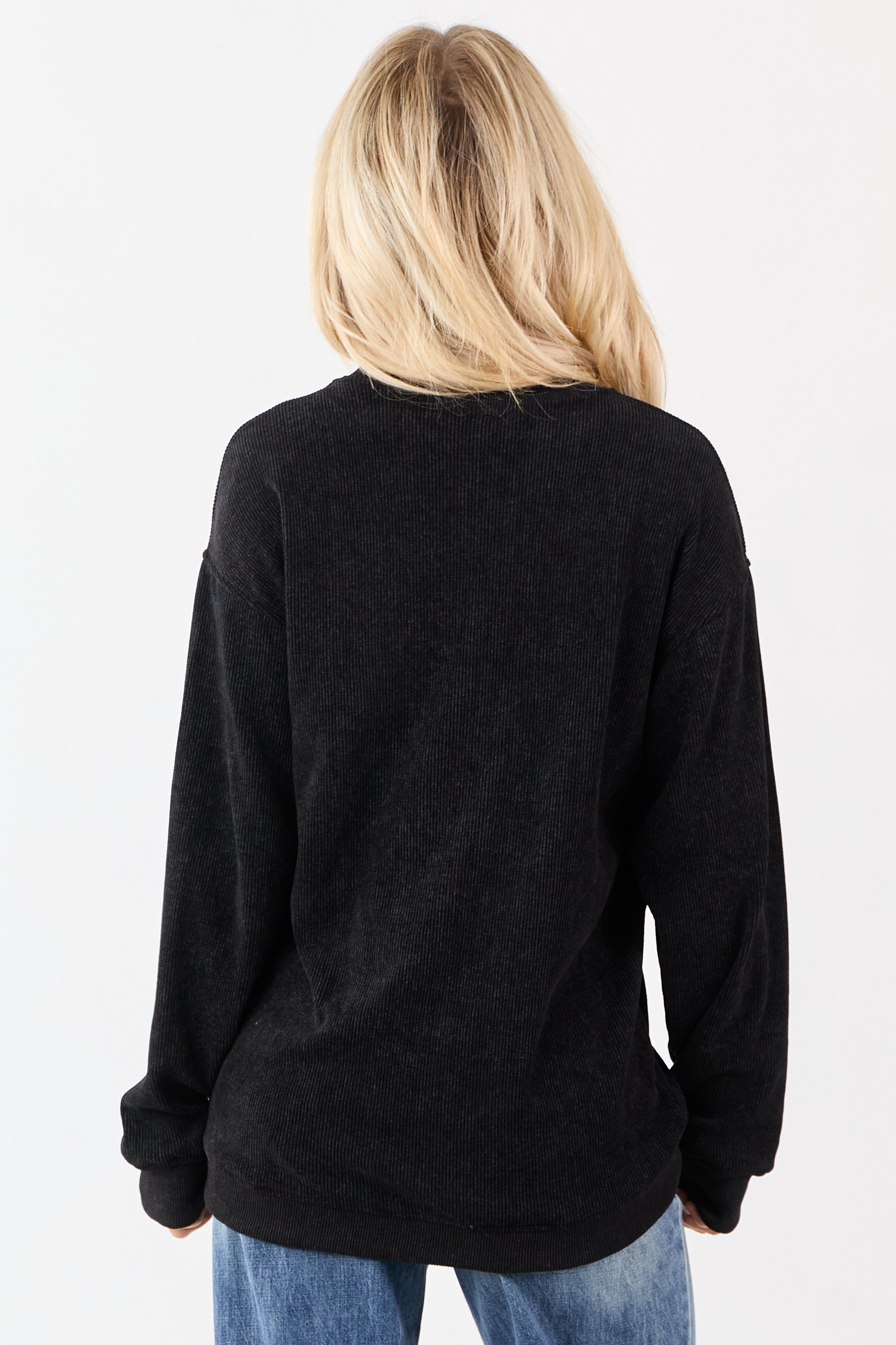 Black Sparkly Ghost Graphic Rib Knit Sweatshirt
