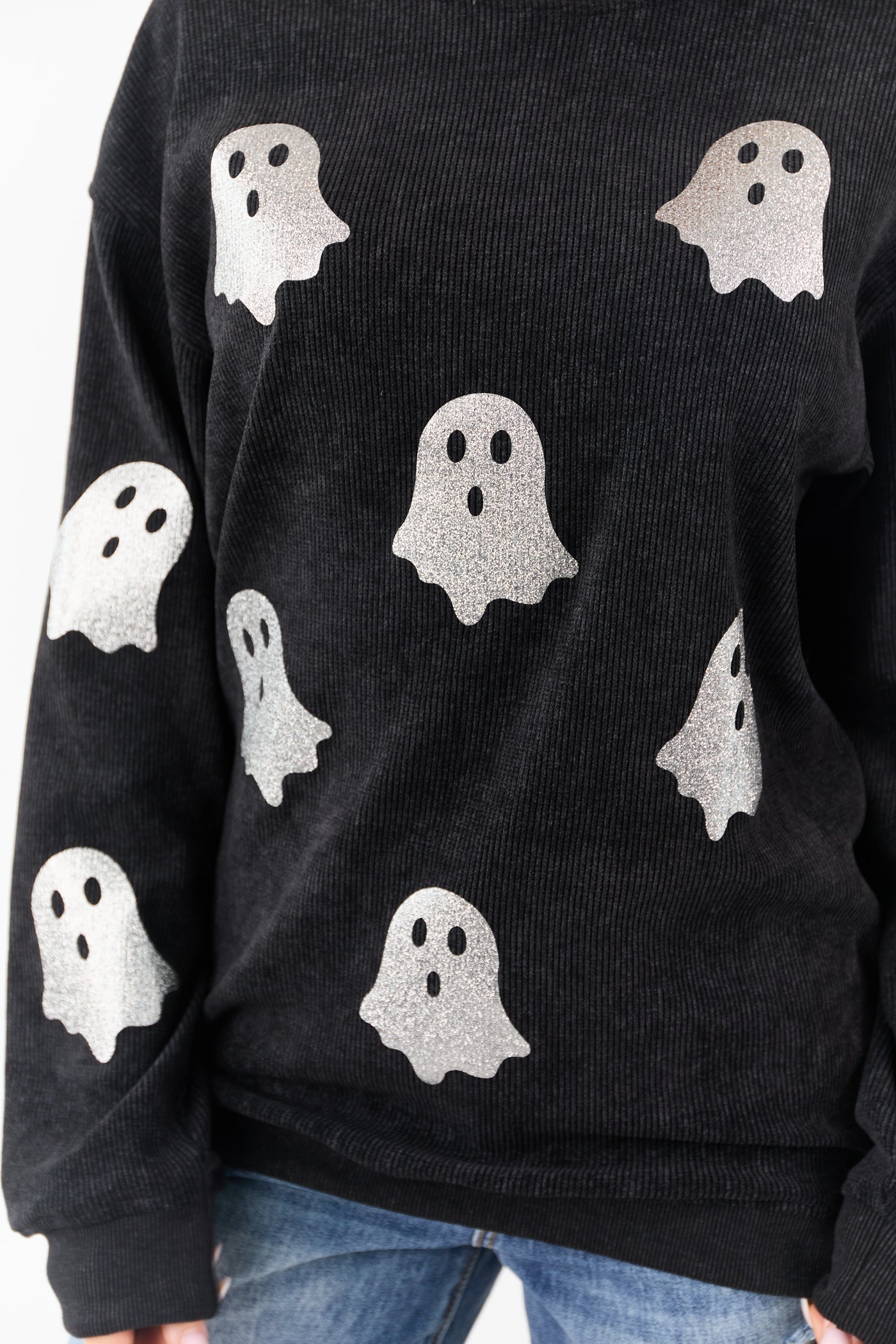 Black Sparkly Ghost Graphic Rib Knit Sweatshirt