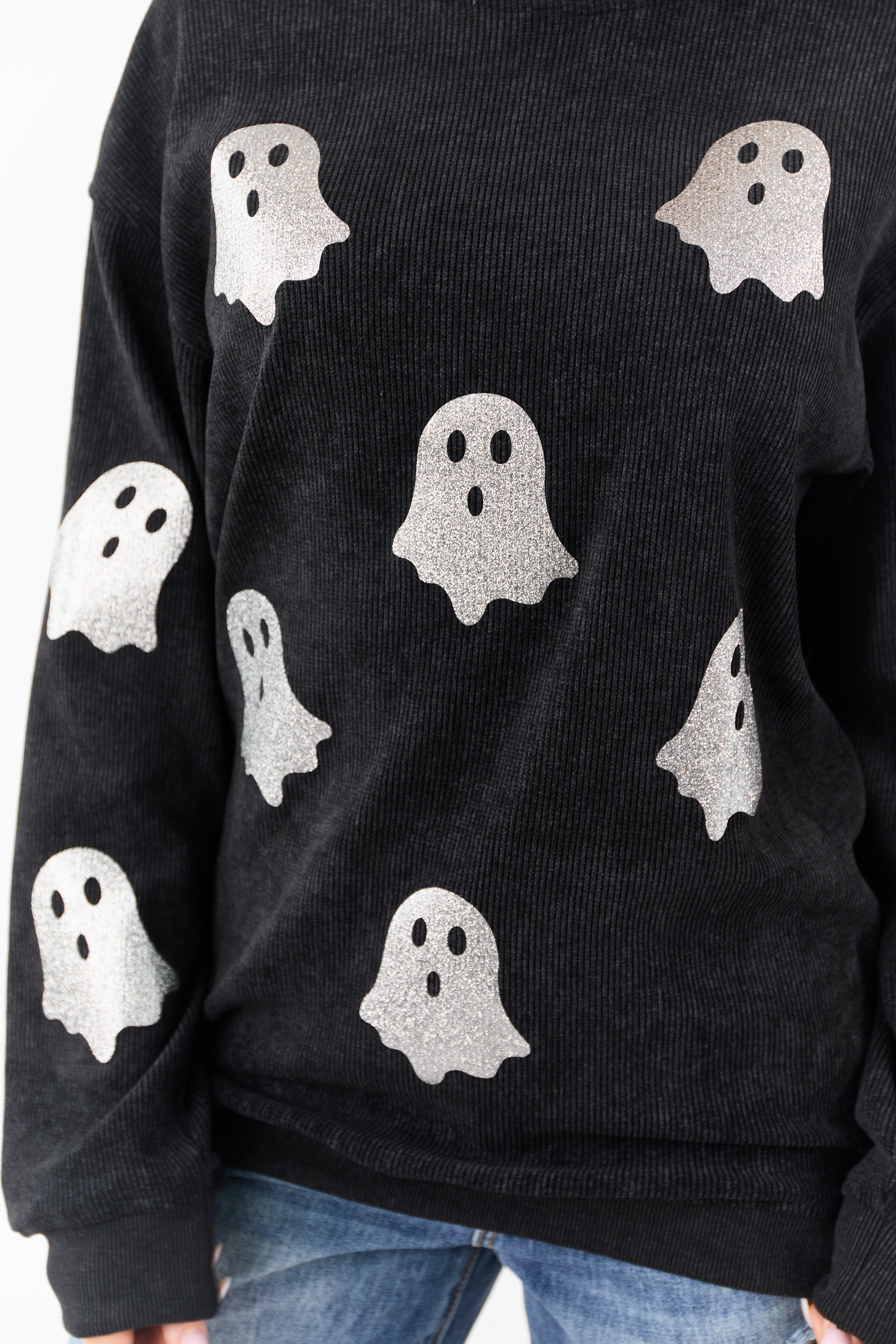 Black Sparkly Ghost Graphic Rib Knit Sweatshirt