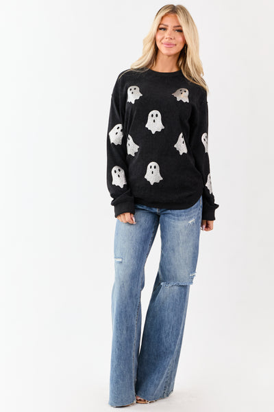 Black Sparkly Ghost Graphic Rib Knit Sweatshirt