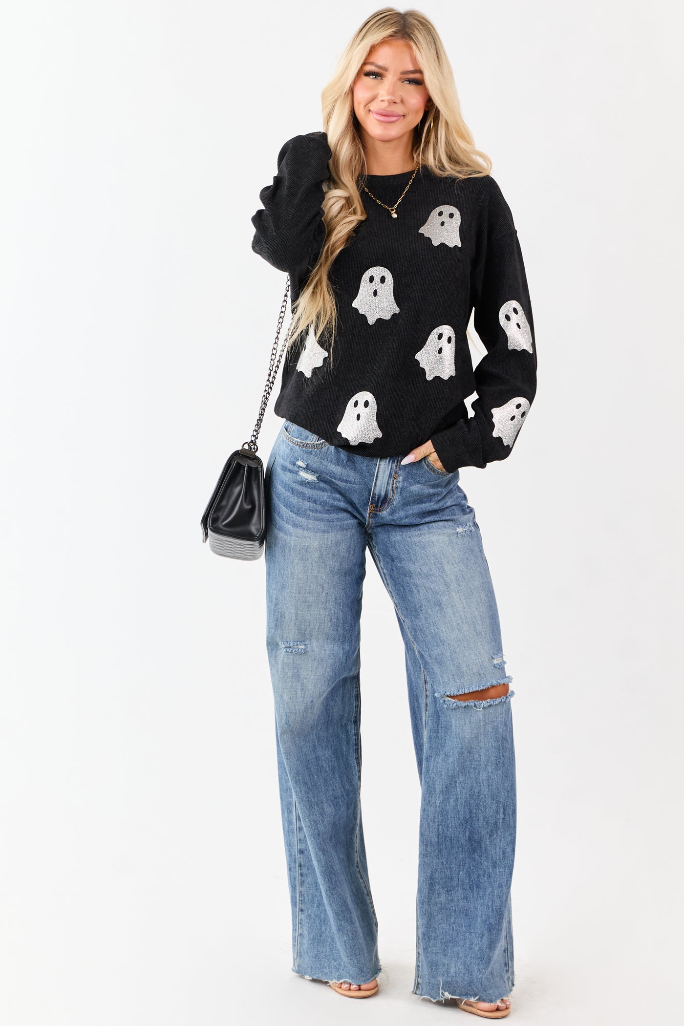 Black Sparkly Ghost Graphic Rib Knit Sweatshirt