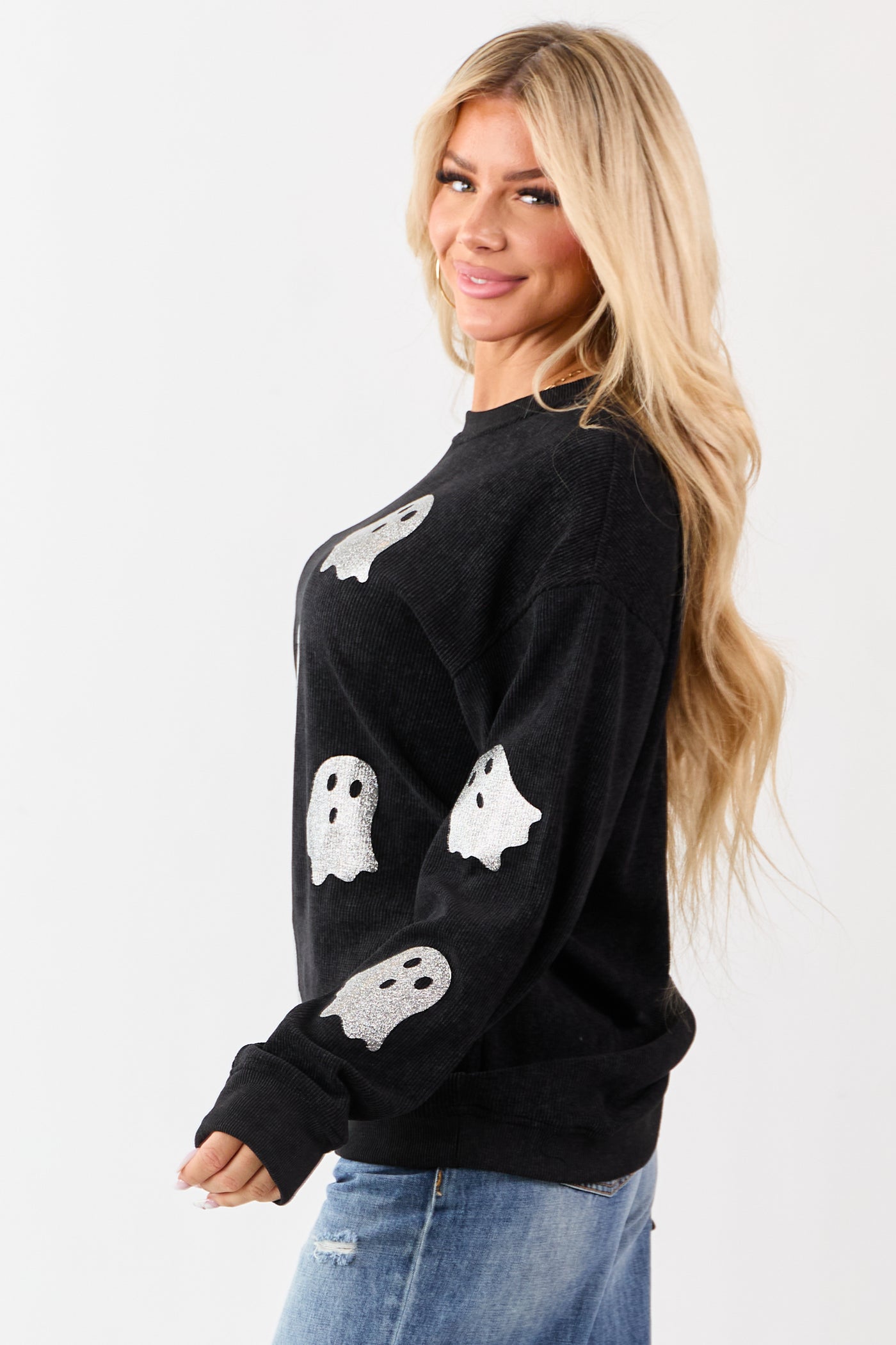 Black Sparkly Ghost Graphic Rib Knit Sweatshirt