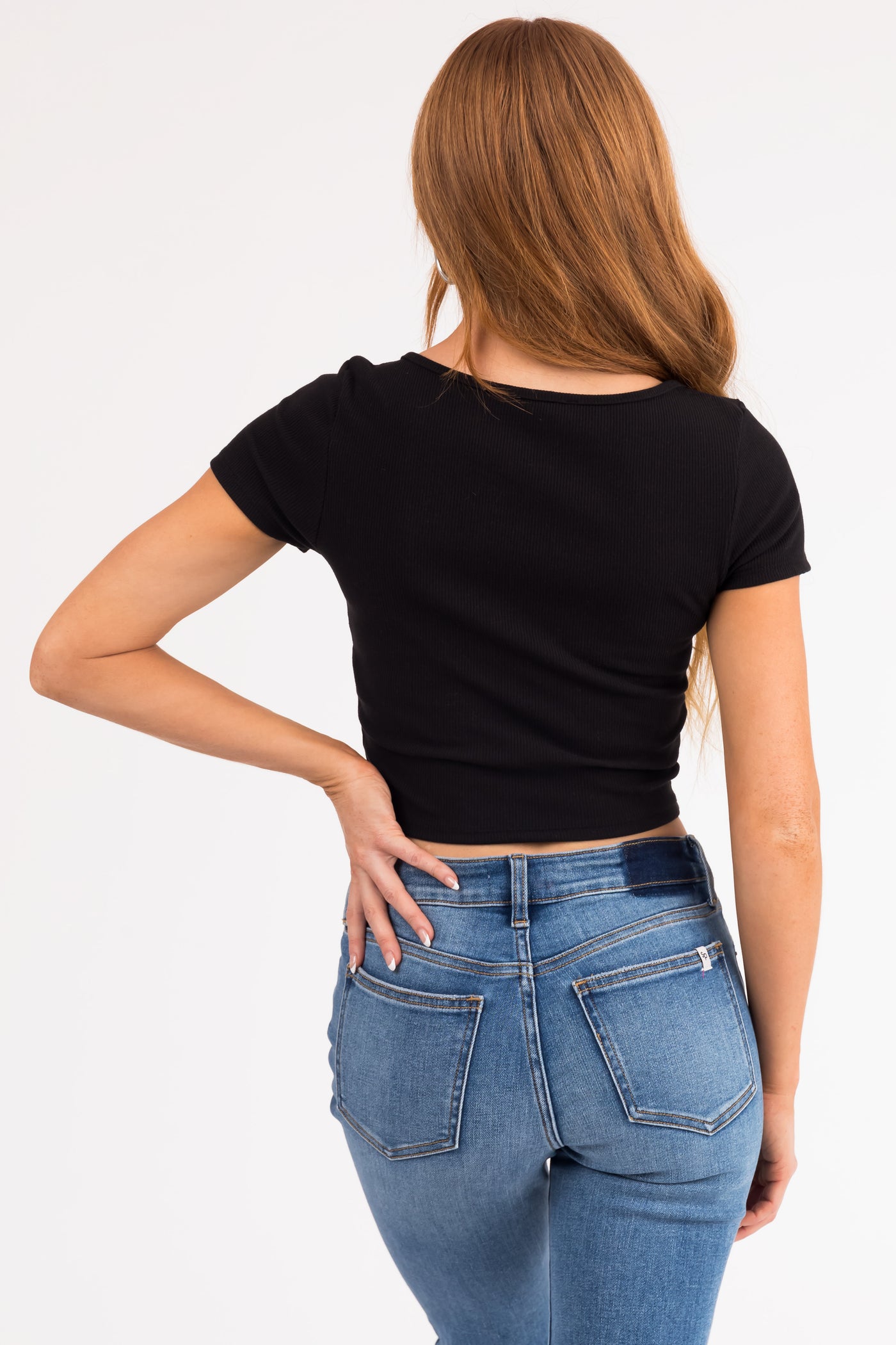 Black Split Neck Short Sleeve Ribbed Crop Top