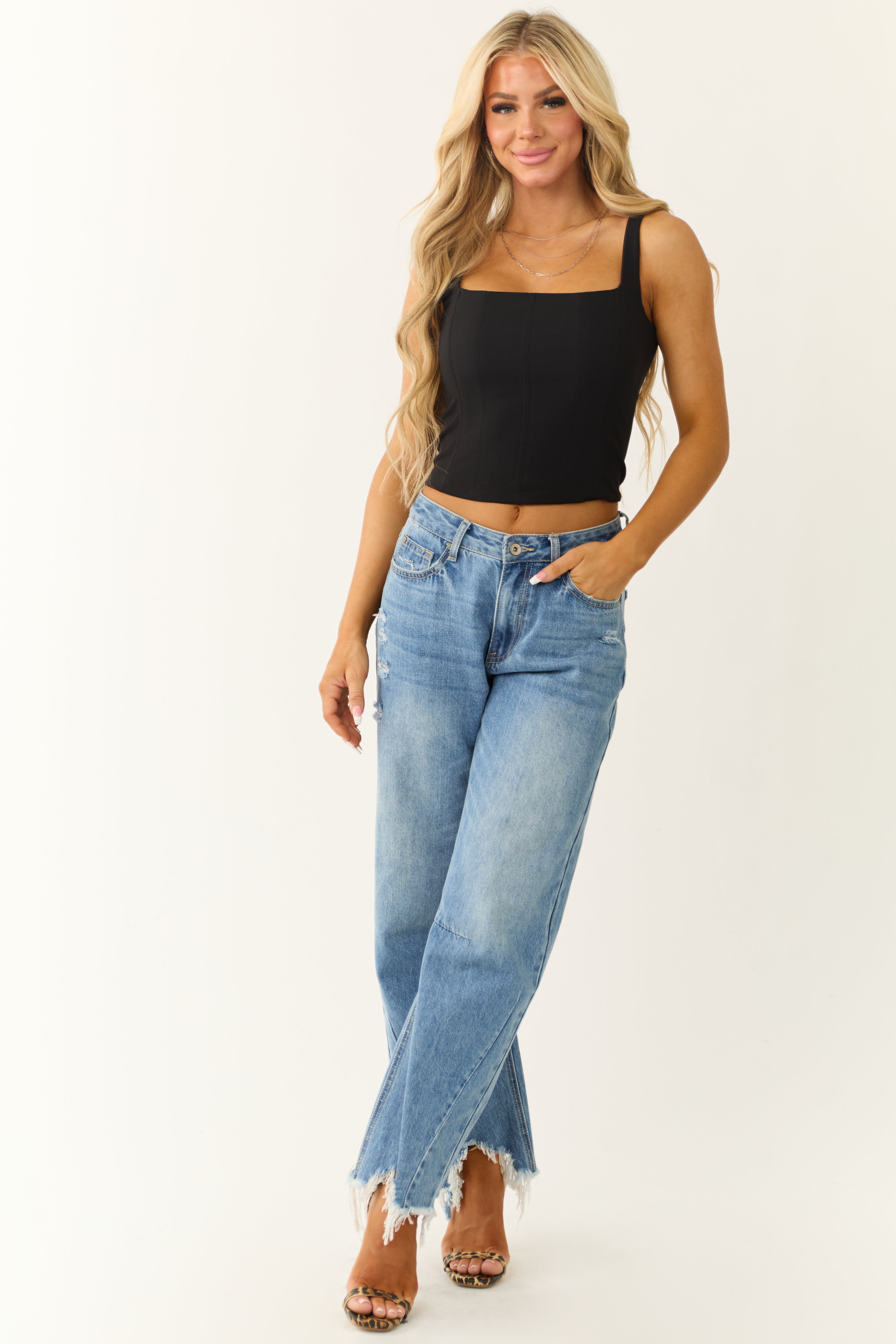 Black Rib Knit Beaded Clover Graphic Tank Top | Lime Lush Boutique