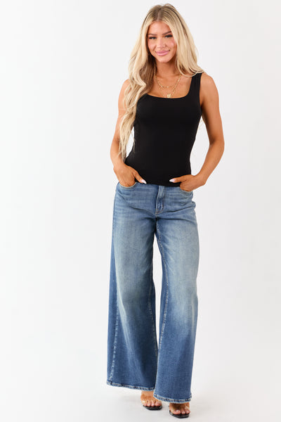 Black Square Neck Double Layer Knit Tank Top