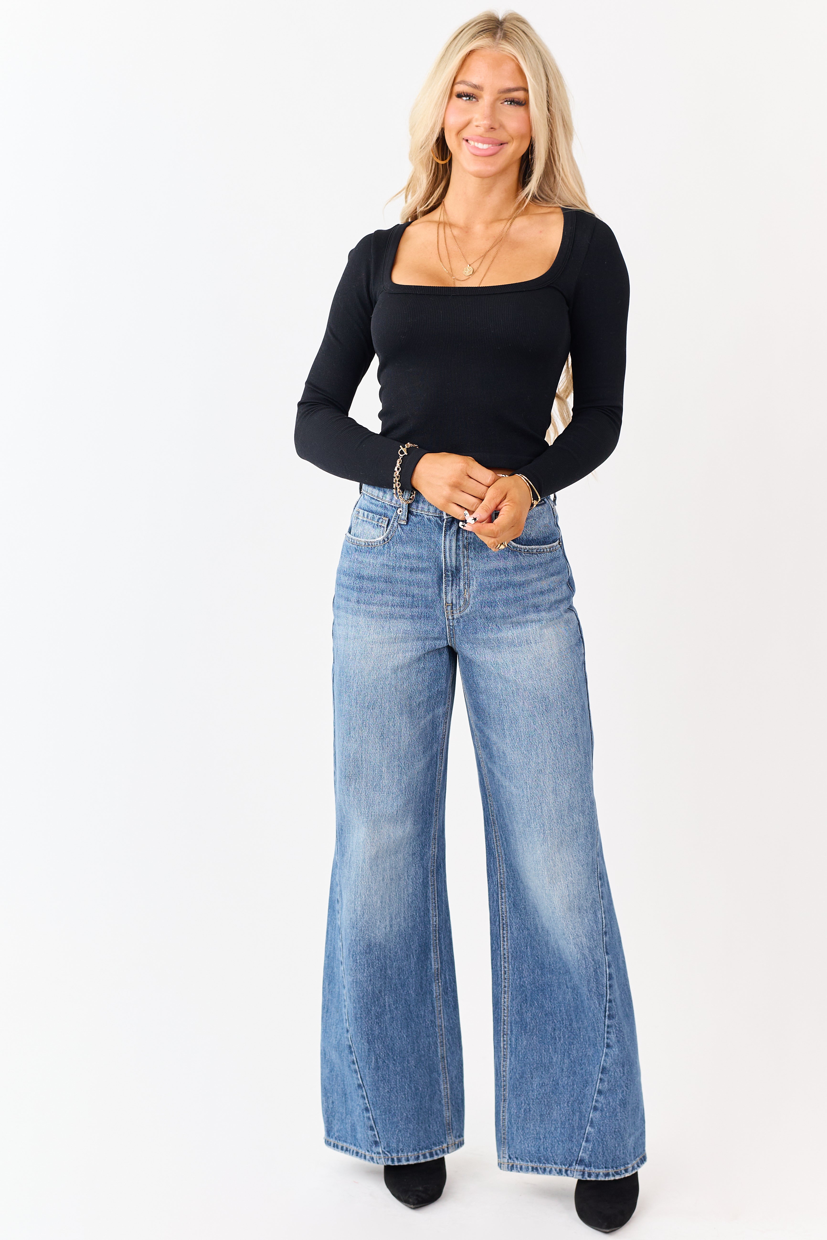 Black Square Neck Long Sleeve Crop Top