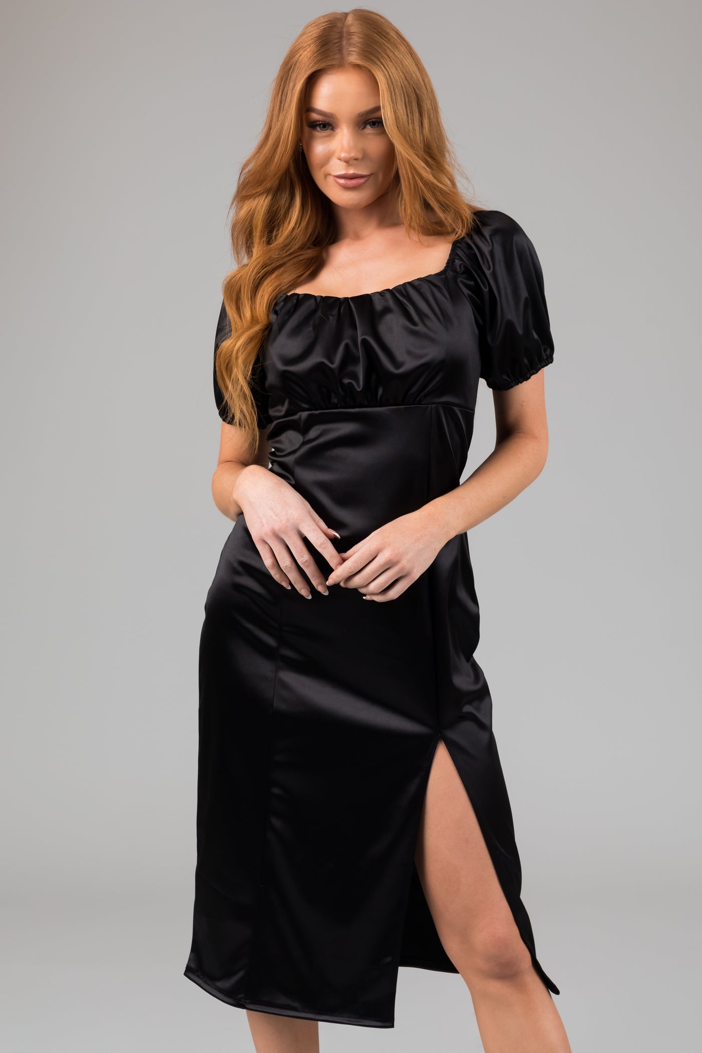 Black Square Neck Puff Sleeve Satin Midi Dress