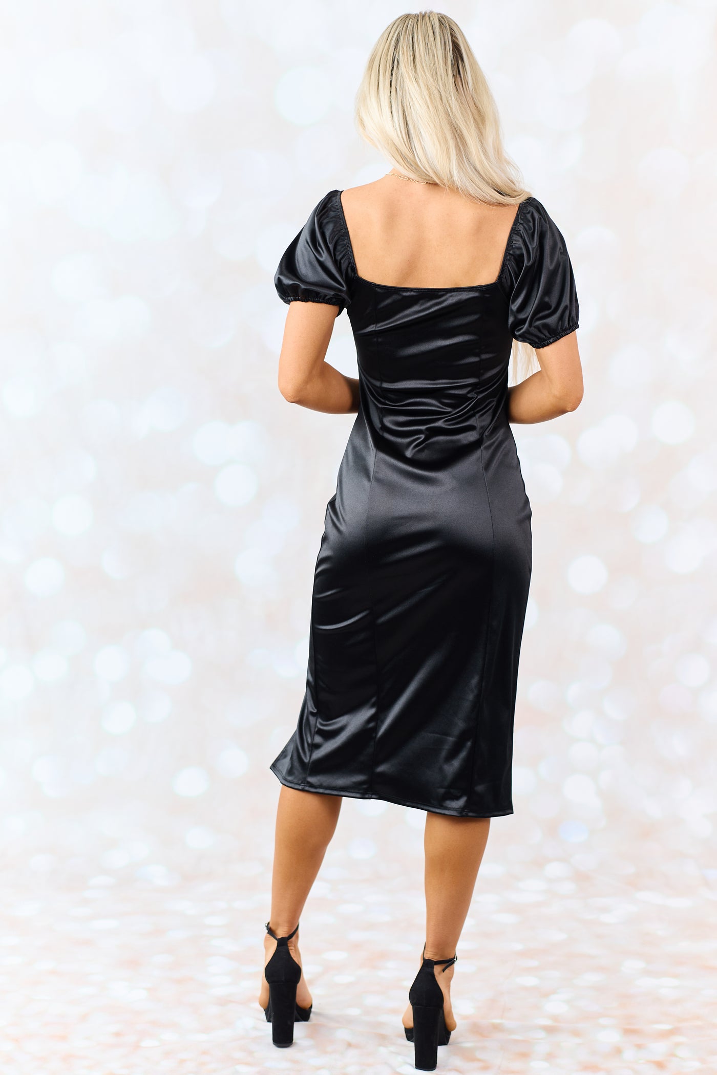 Black Square Neck Puff Sleeve Satin Midi Dress