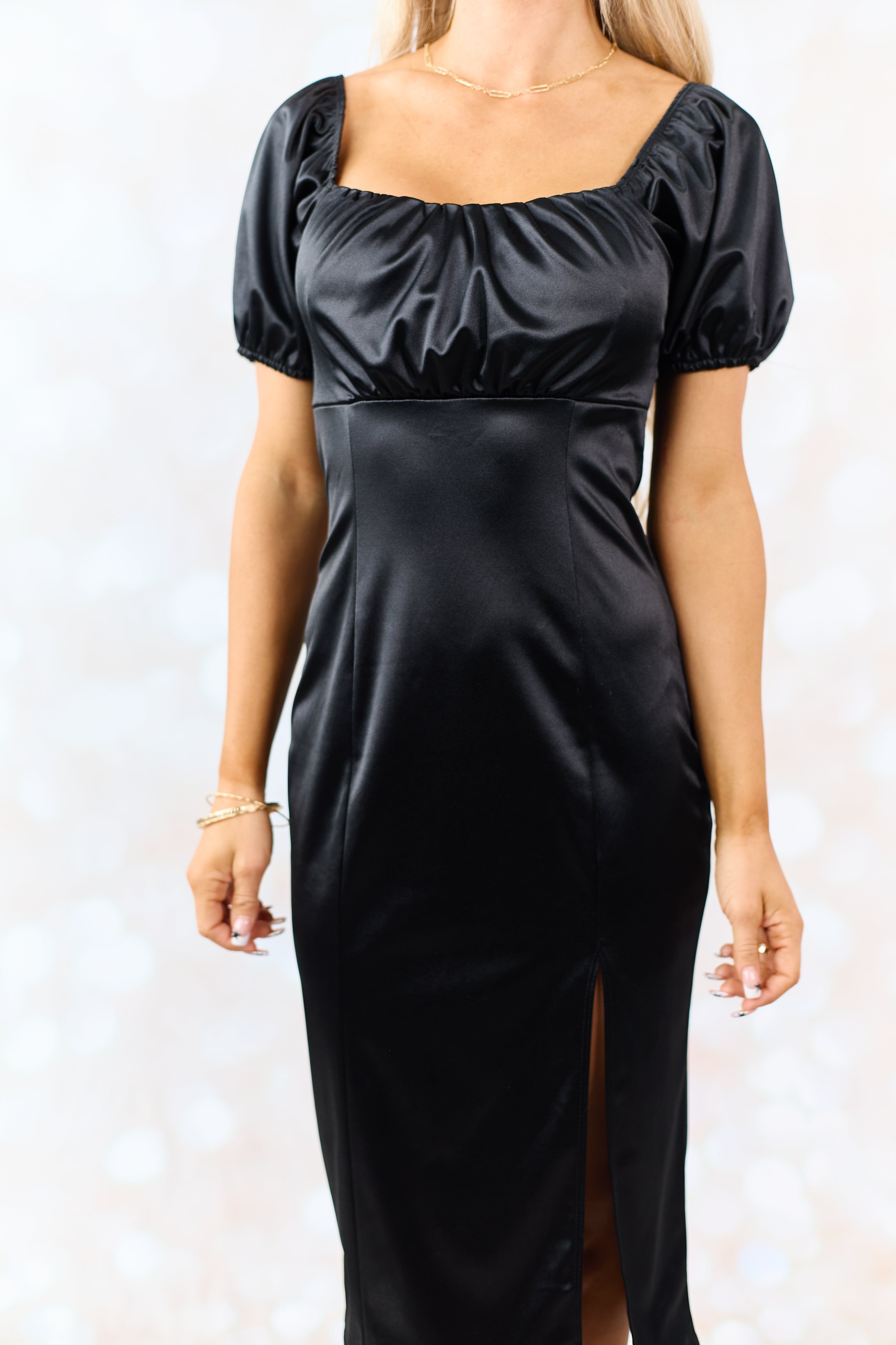 Black Square Neck Puff Sleeve Satin Midi Dress Black Square Neck Puff Sleeve Satin Midi Dress