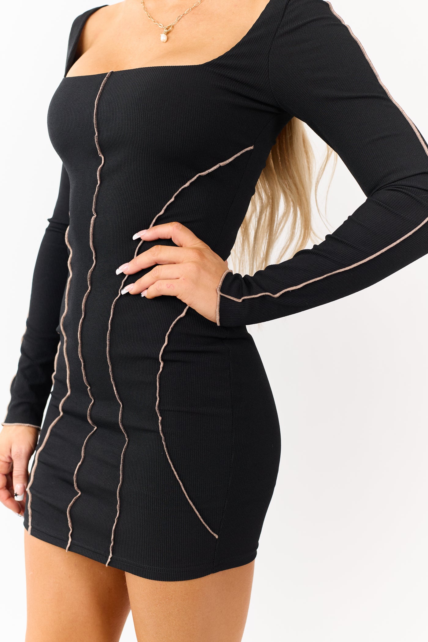 Black Square Neck Seam Stitch Bodycon Mini Dress