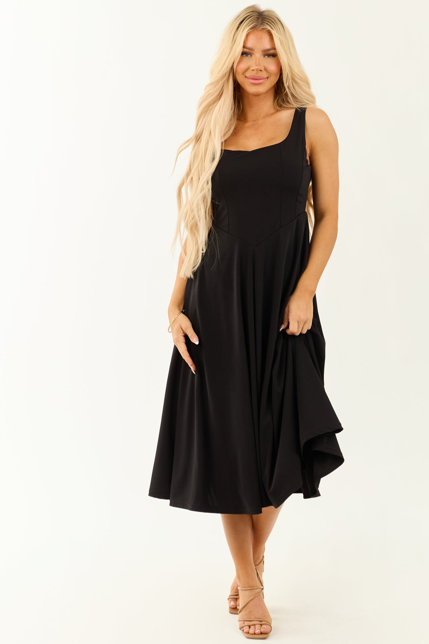 Black Square Neckline Sleeveless Midi Dress Black Square Neckline Sleeveless Midi Dress