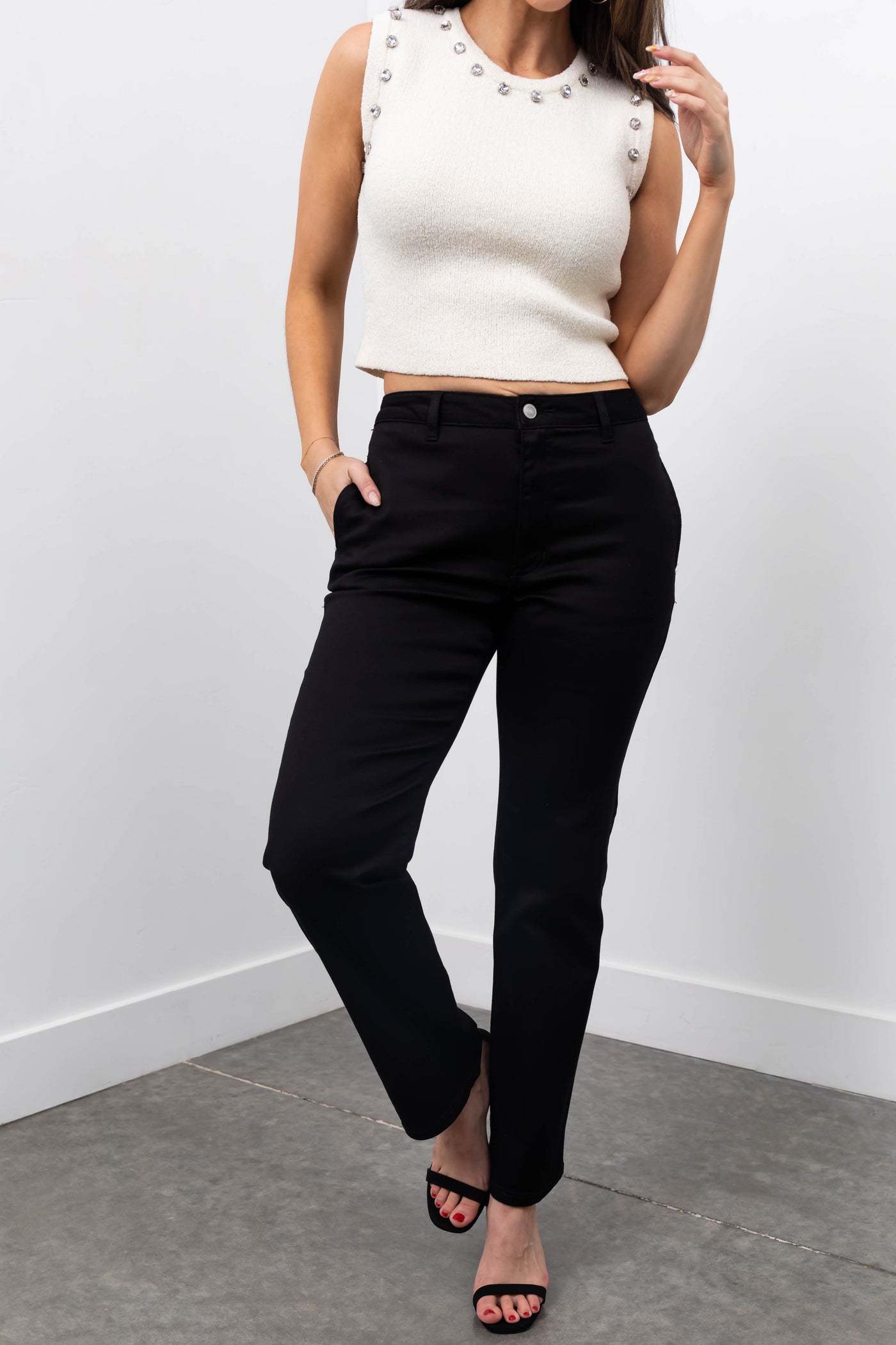 Black Straight Fit High Waisted Twill Jeans