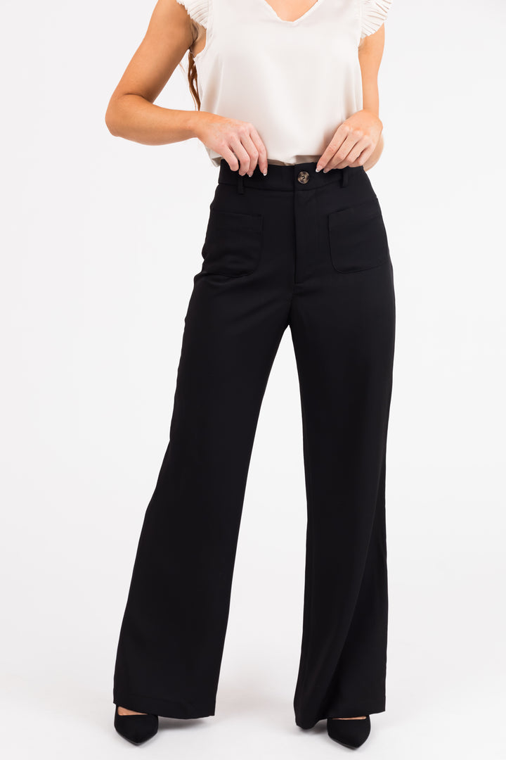 Black Straight Leg Pants with Front Pockets