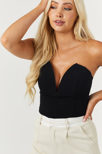 Black Strapless Deep V Neck Bodysuit