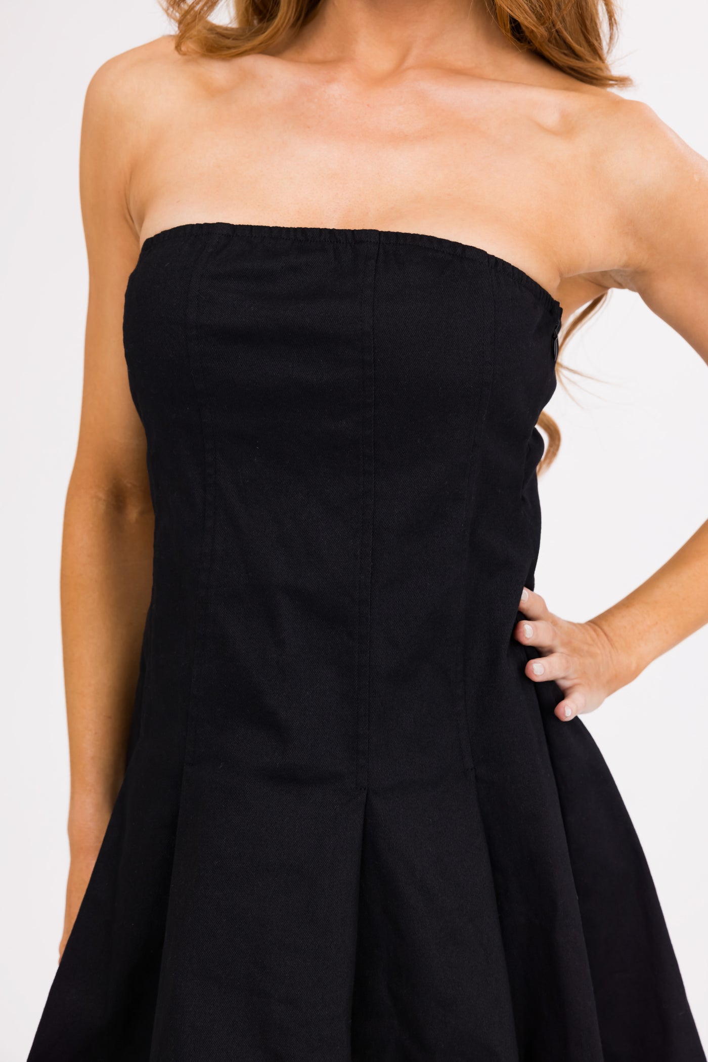 Black Strapless Flared Skirt Mini Dress