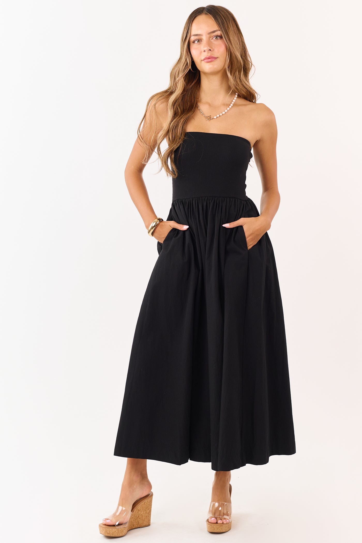 black cotton maxi dress Black Strapless Knit Contrast Cotton Maxi Dress