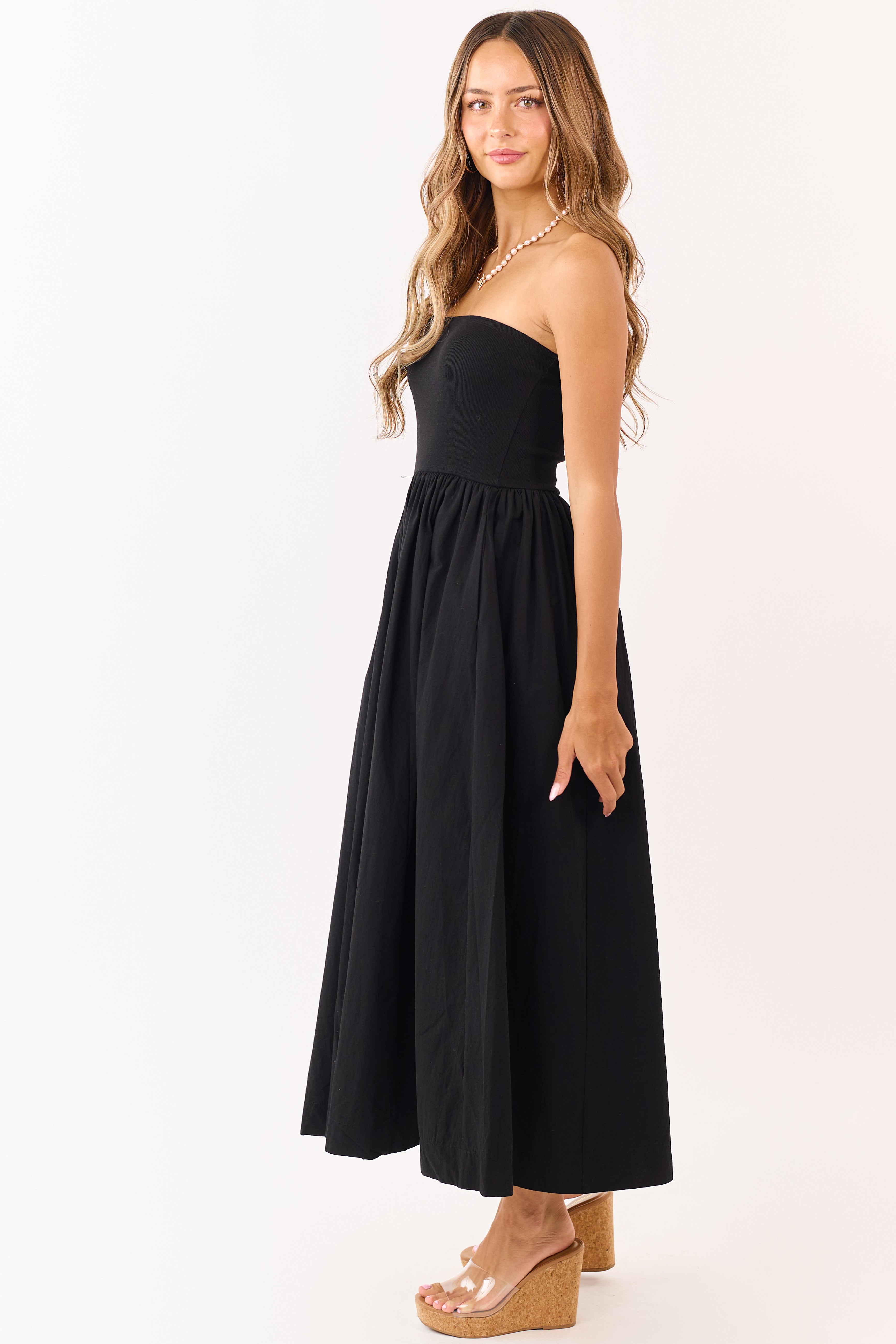 Black Strapless Knit Contrast Cotton Maxi Dress Black Strapless Knit Contrast Cotton Maxi Dress
