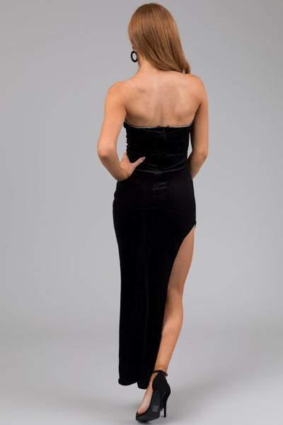 Black Strapless Rhinestone Detail Maxi Dress