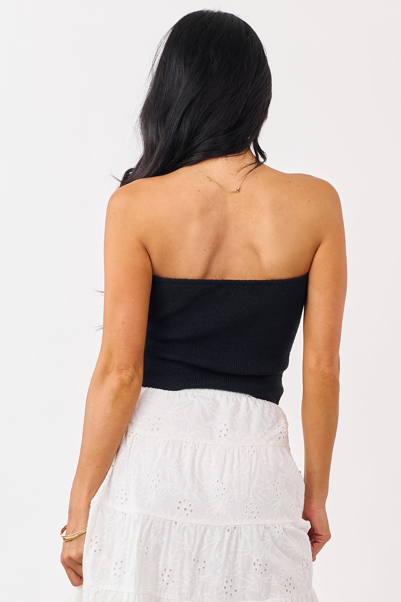 Black Strapless Rib Knit Faux Button Down Top
