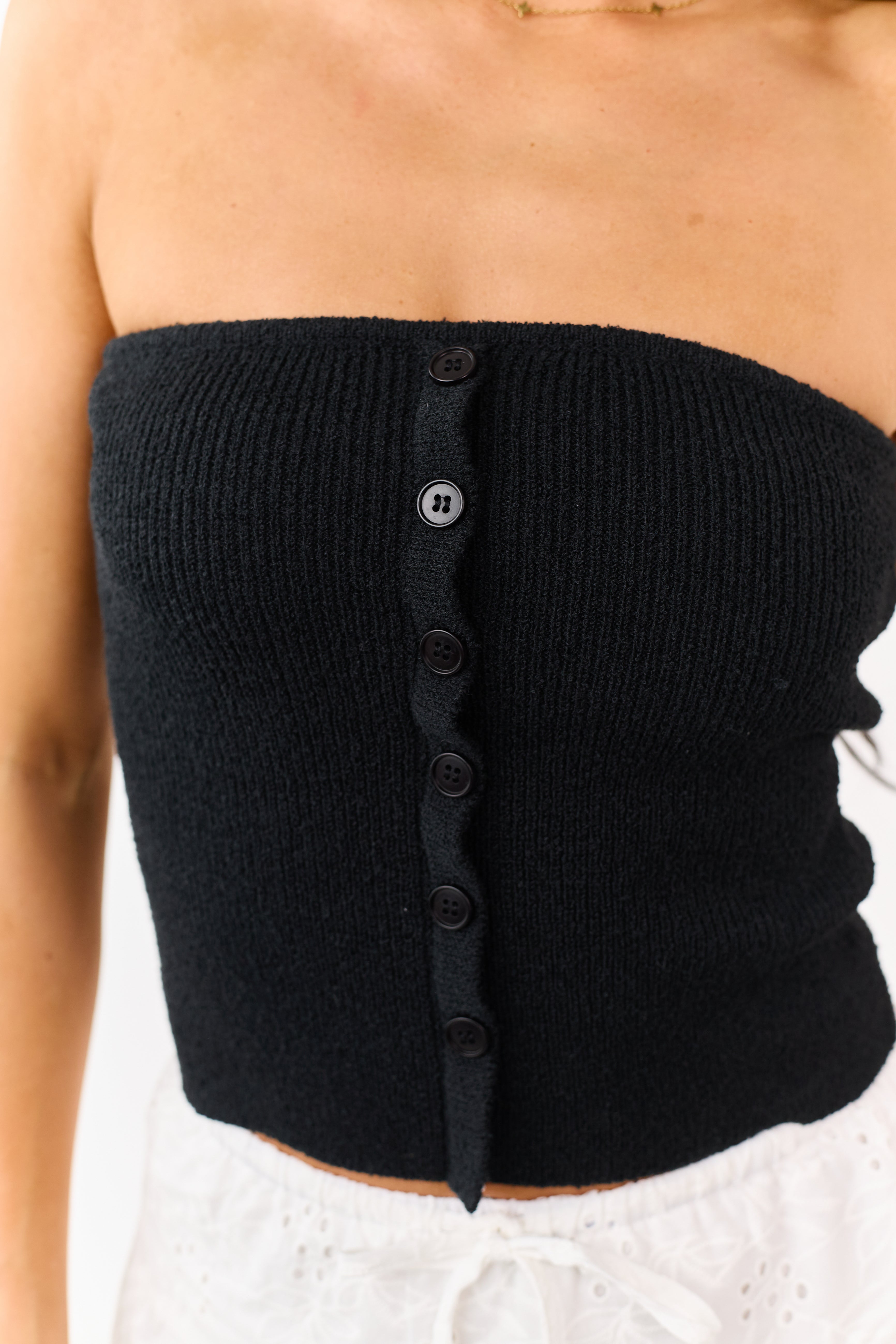 Black Strapless Rib Knit Faux Button Down Top