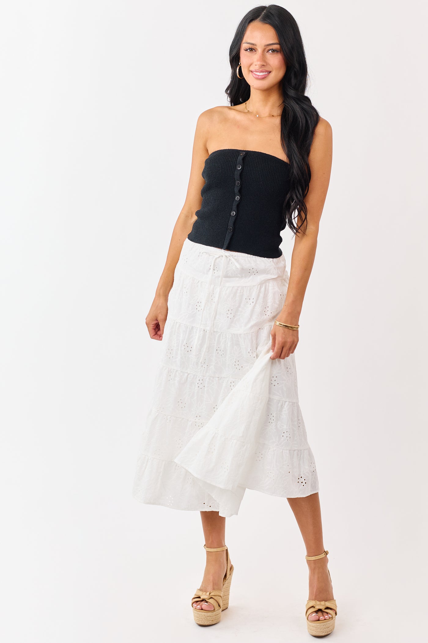 Black Strapless Rib Knit Faux Button Down Top