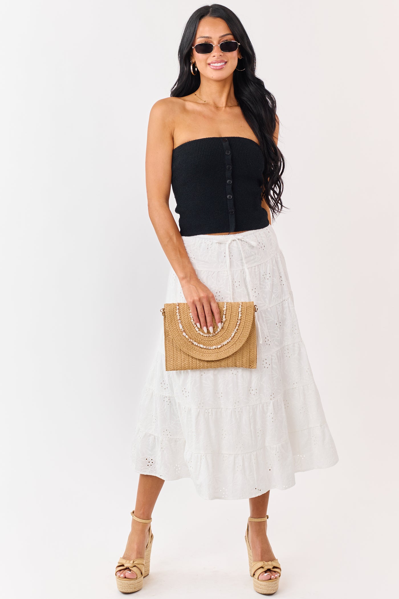 Black Strapless Rib Knit Faux Button Down Top