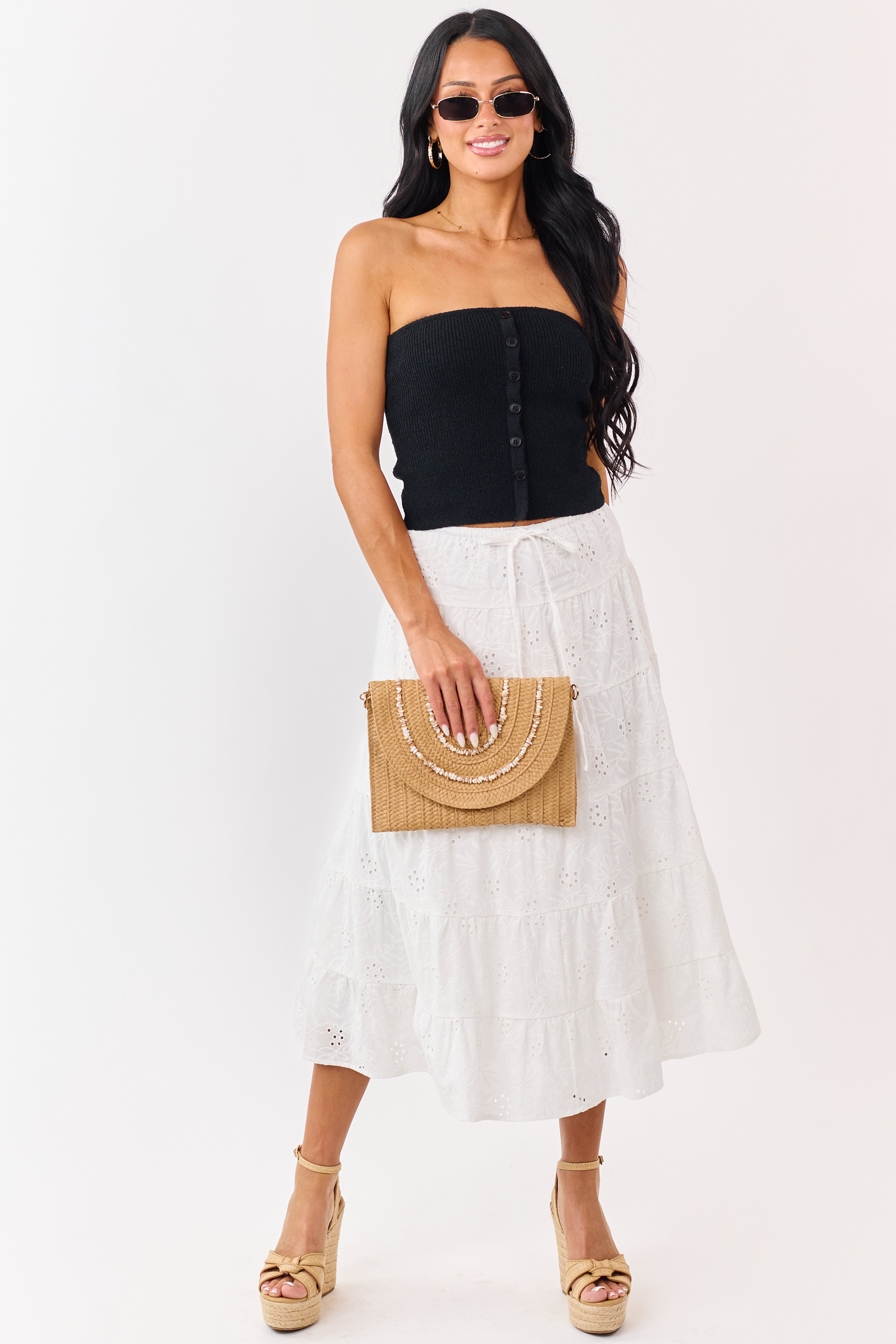 Black Strapless Rib Knit Faux Button Down Top
