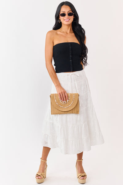 Black Strapless Rib Knit Faux Button Down Top