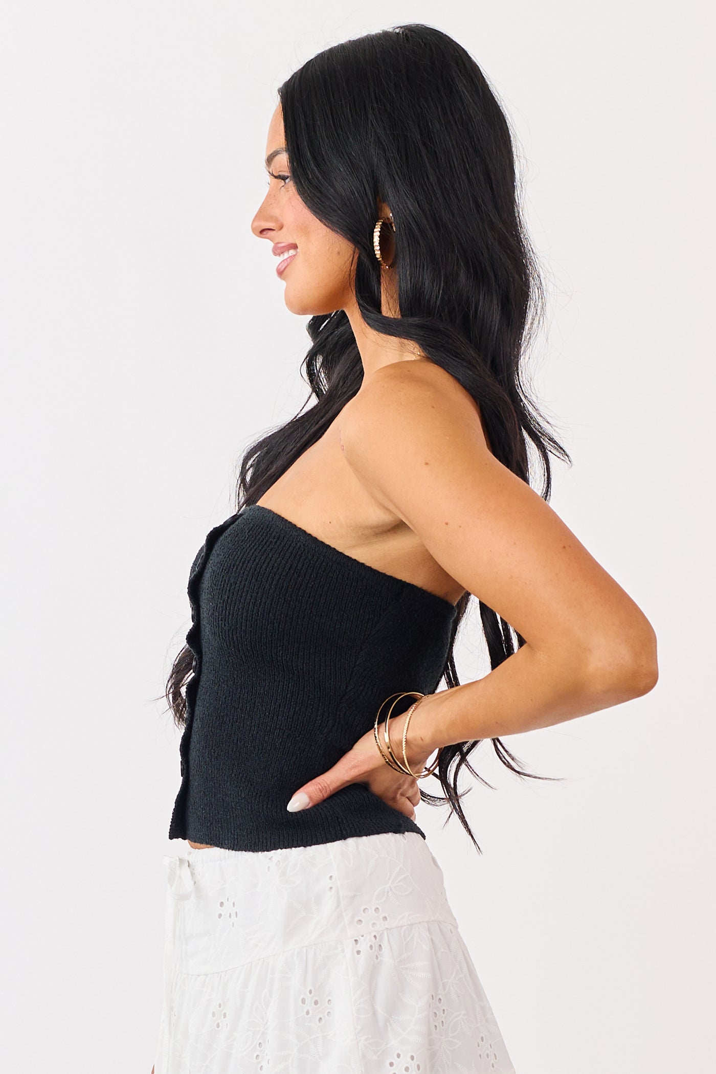 Black Strapless Rib Knit Faux Button Down Top