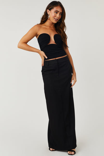 Black Strapless Ruched Cut Out Silky Knit Top