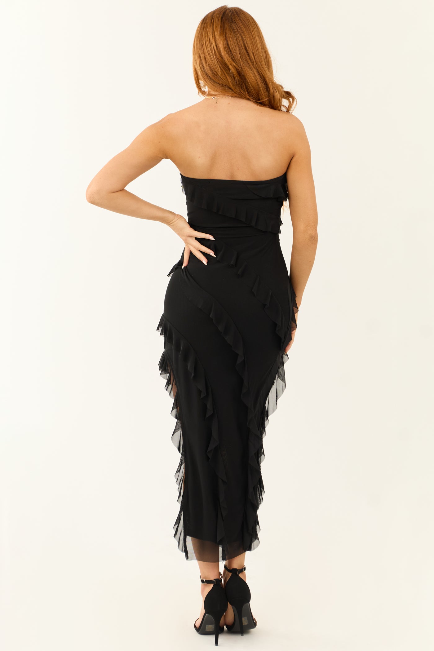 Black Strapless Ruffle Asymmetrical Midi Dress | Lime Lush Boutique Black Strapless Ruffle Asymmetrical Midi Dress | Lime Lush Boutique