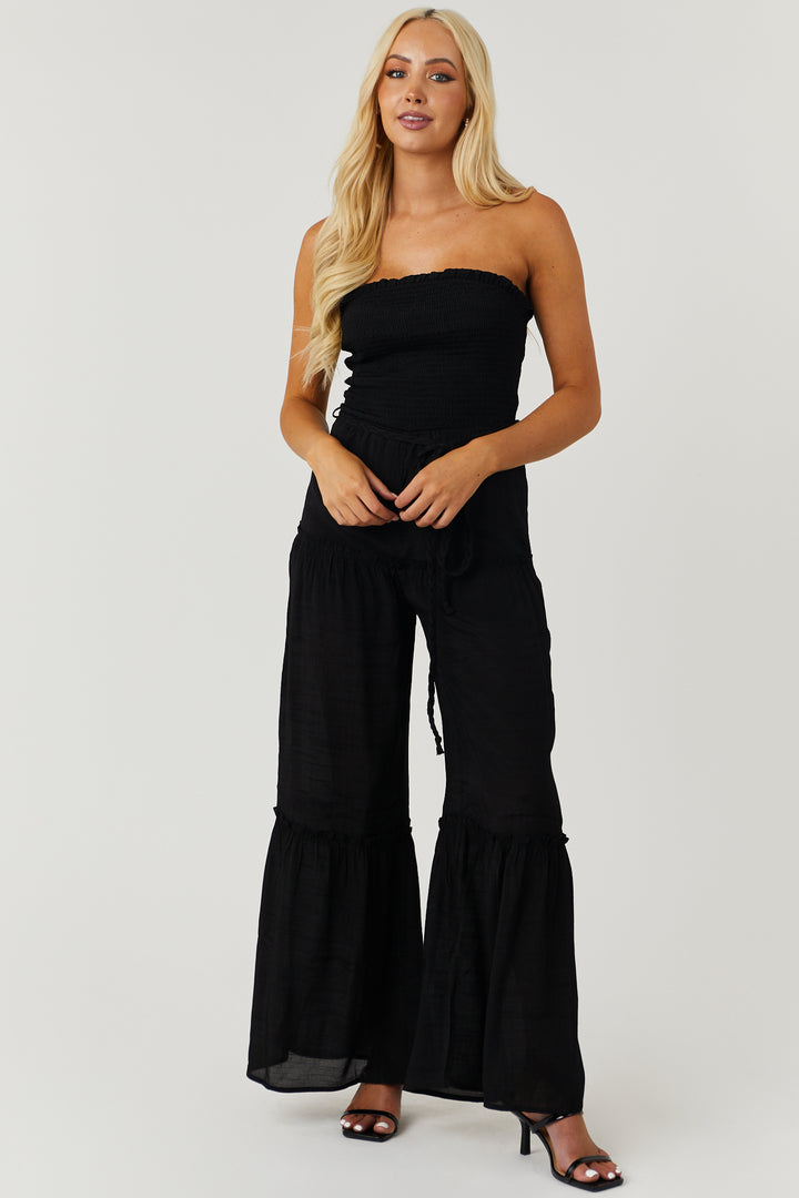 Black Strapless Smocked Jumpsuit with Tie Detail