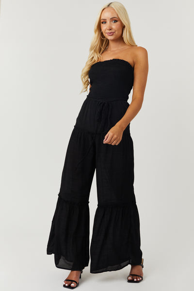Black Strapless Smocked Jumpsuit with Tie Detail