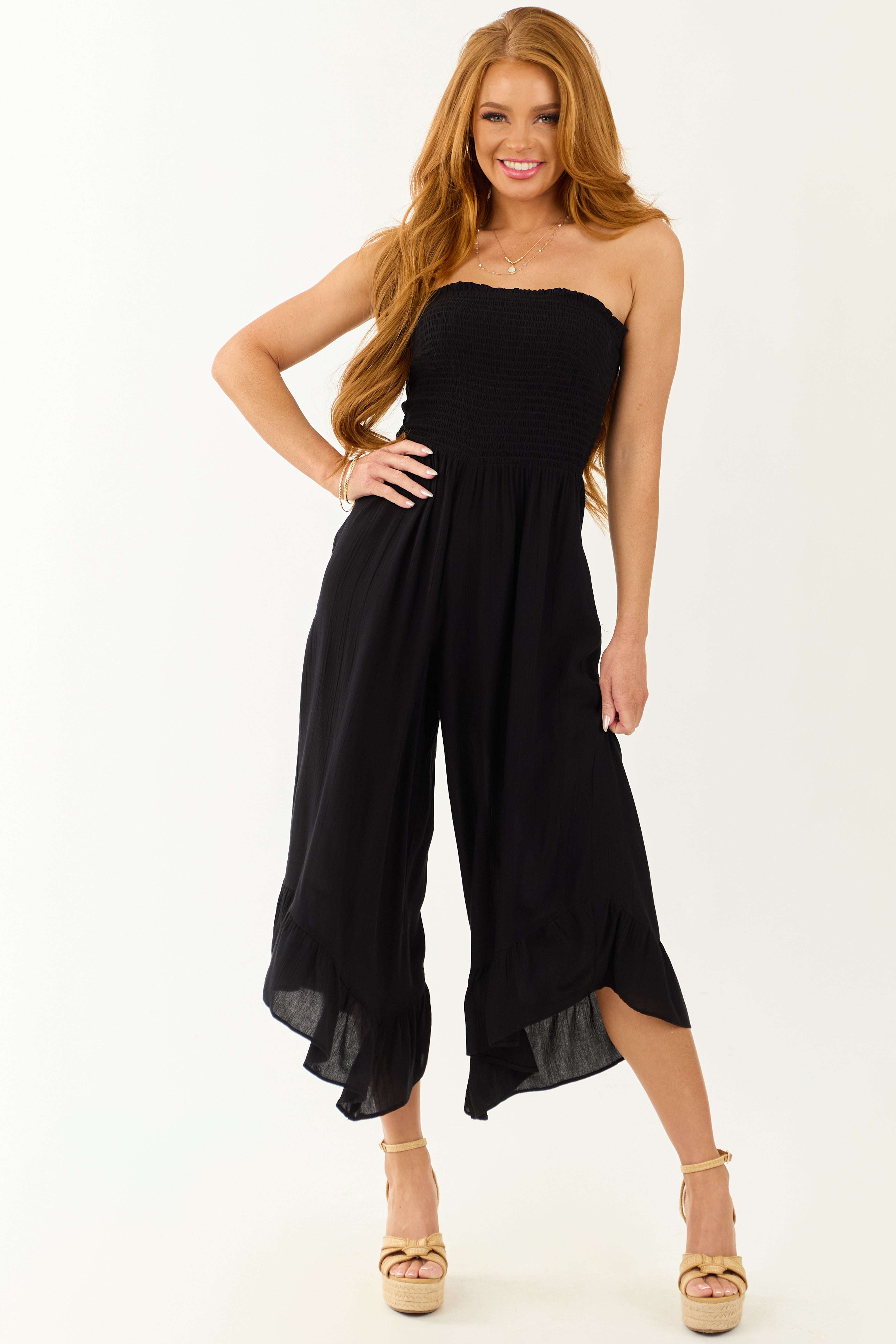 Black Strapless Smocked Wide Leg Jumpsuit